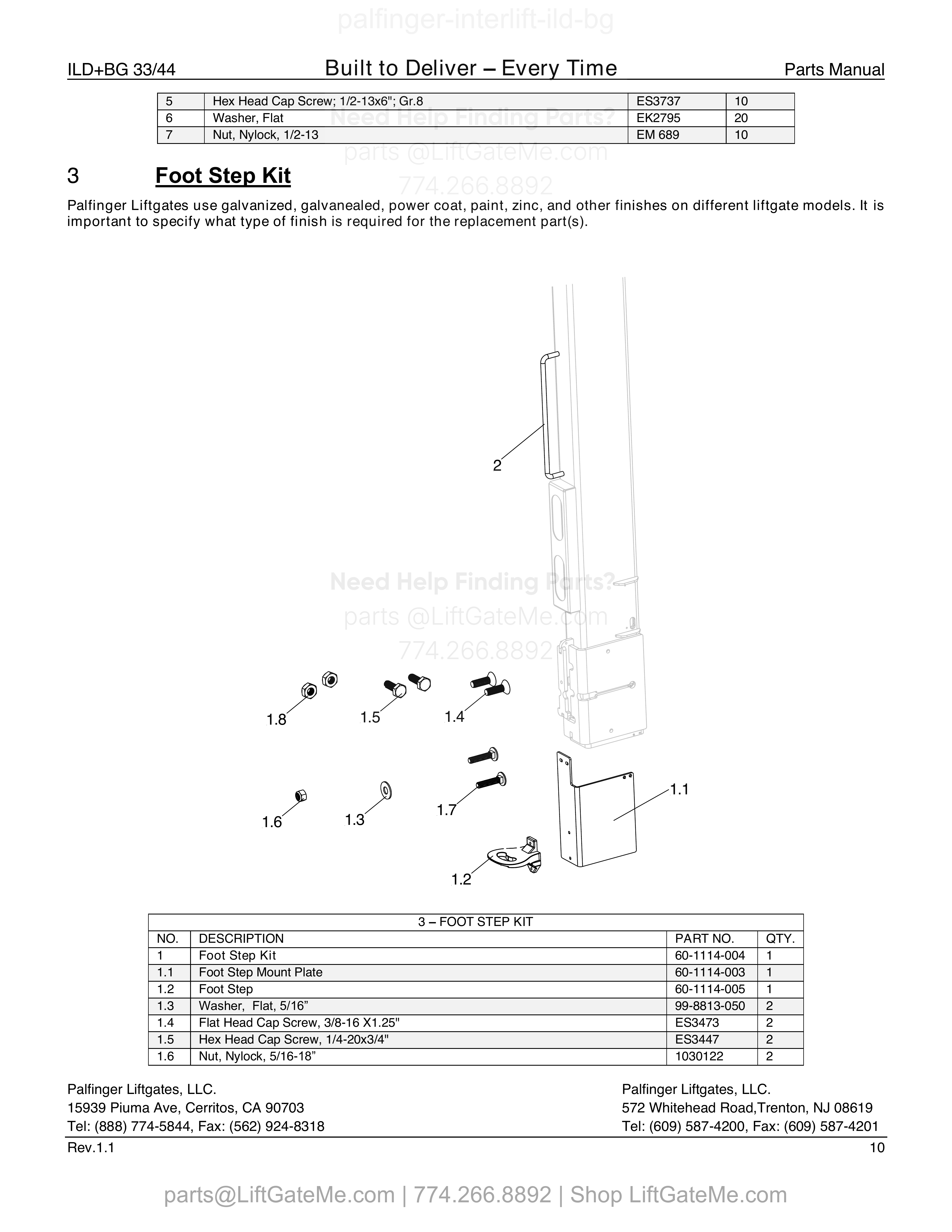 Bolt-On Kit (continued) parts table
