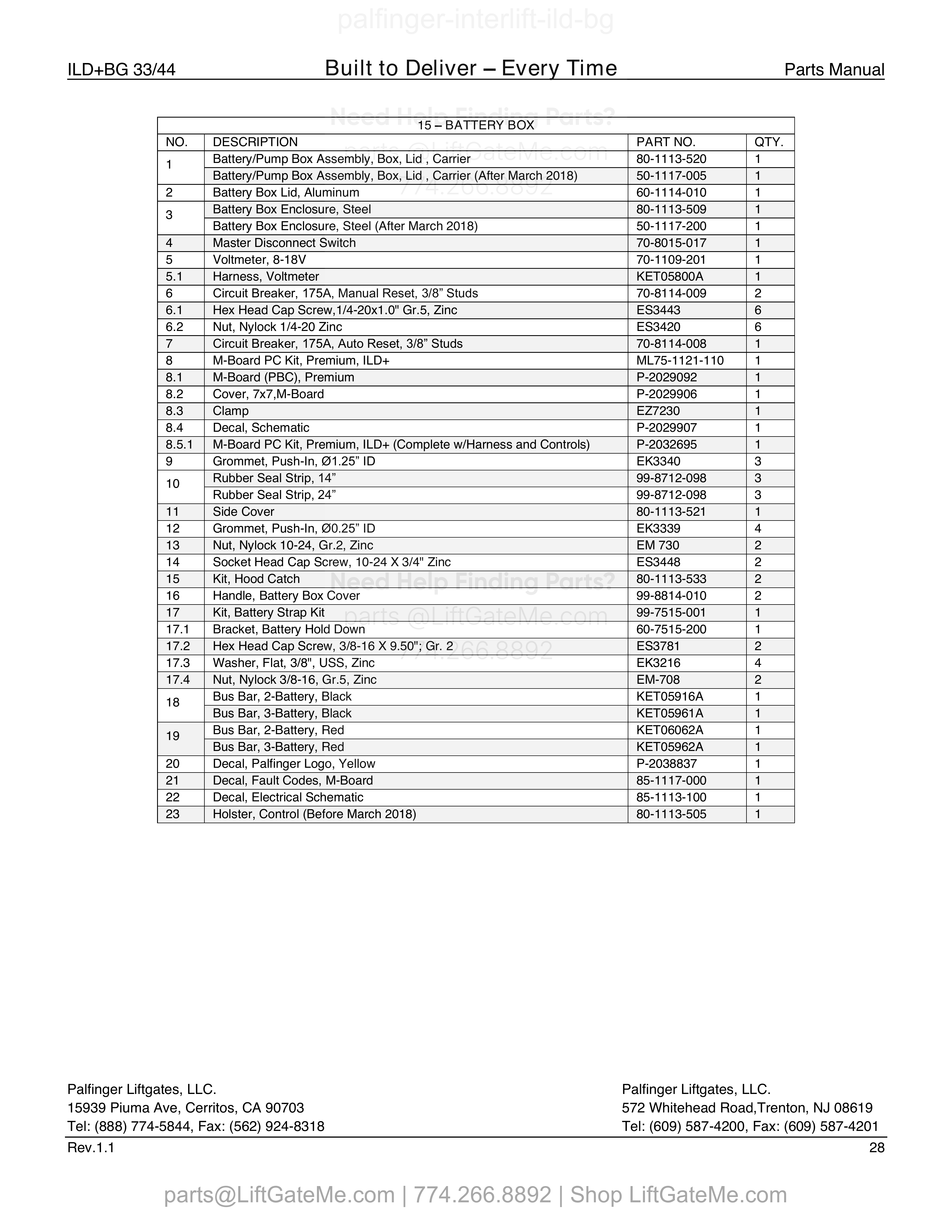 Battery Box (Prior to February 2021) parts table