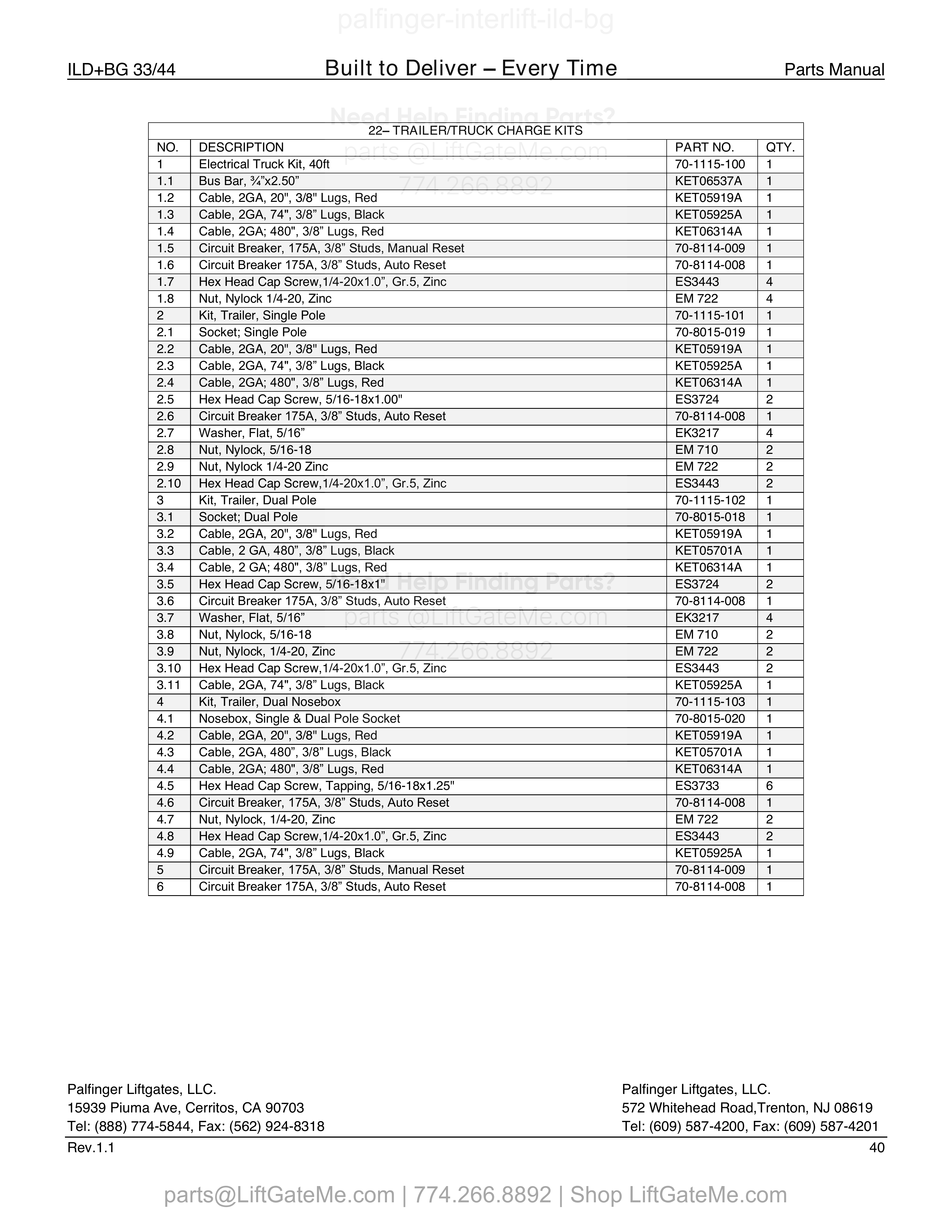 22 – Trailer/Truck Charge Kits parts table