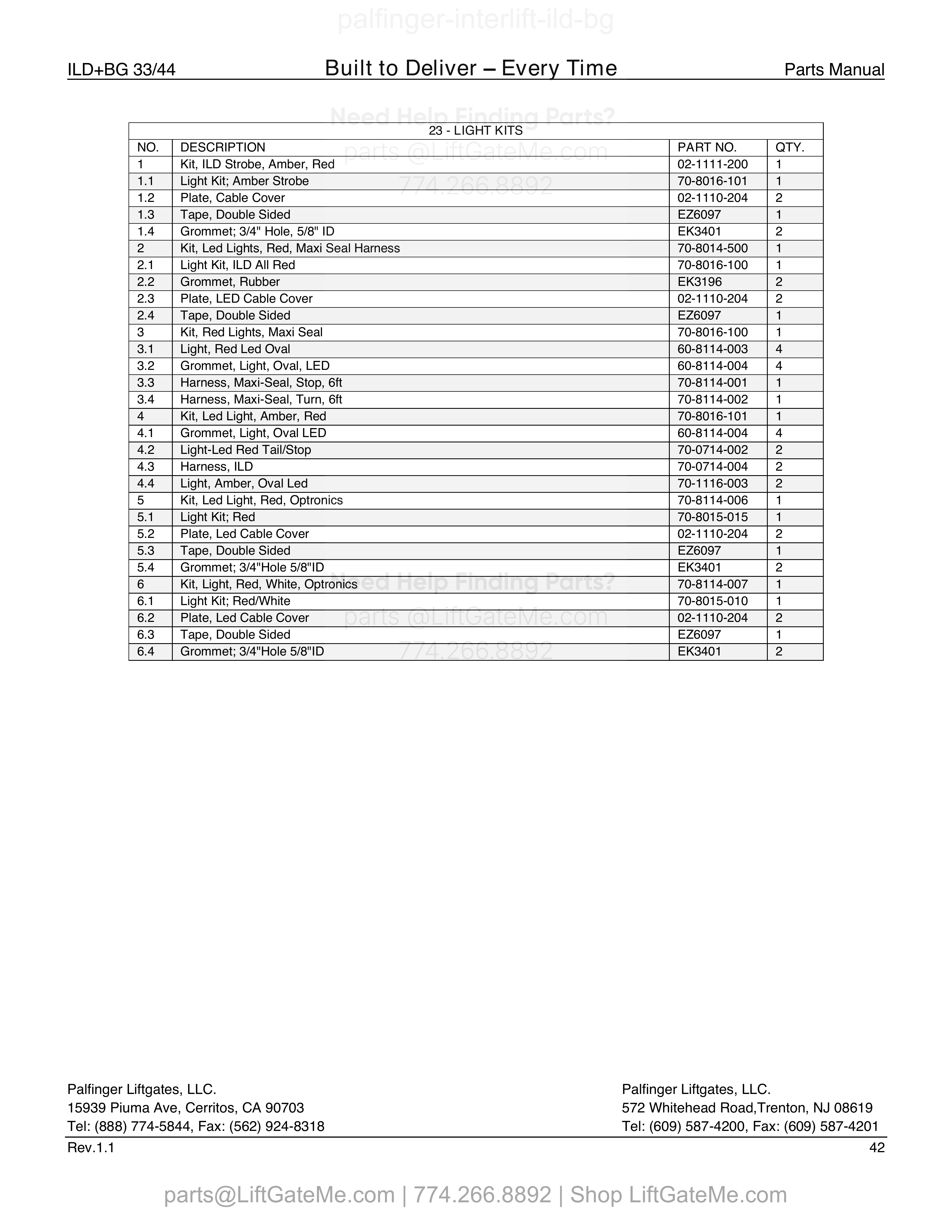 23 - Light Kits parts table