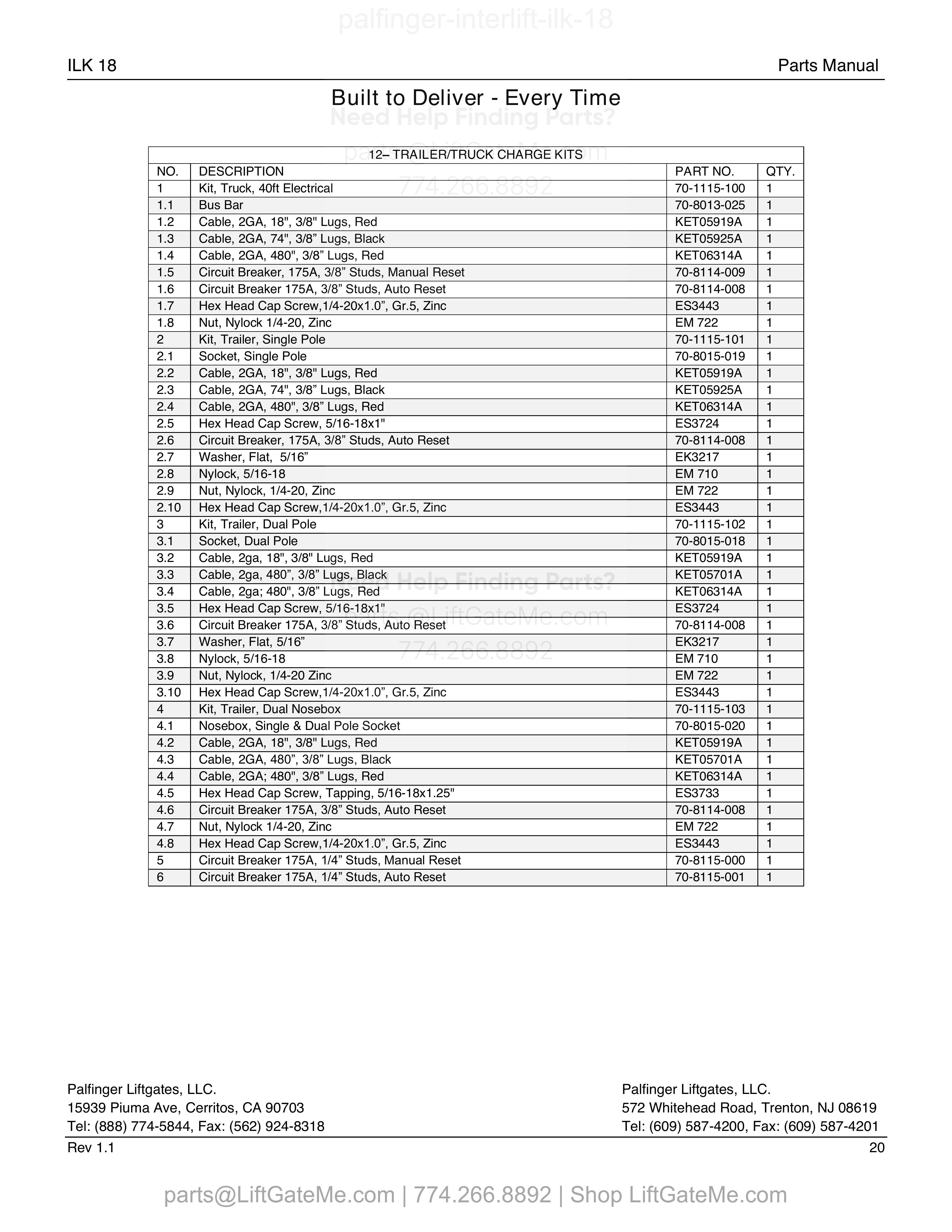 12 – TRAILER/TRUCK CHARGE KITS parts table