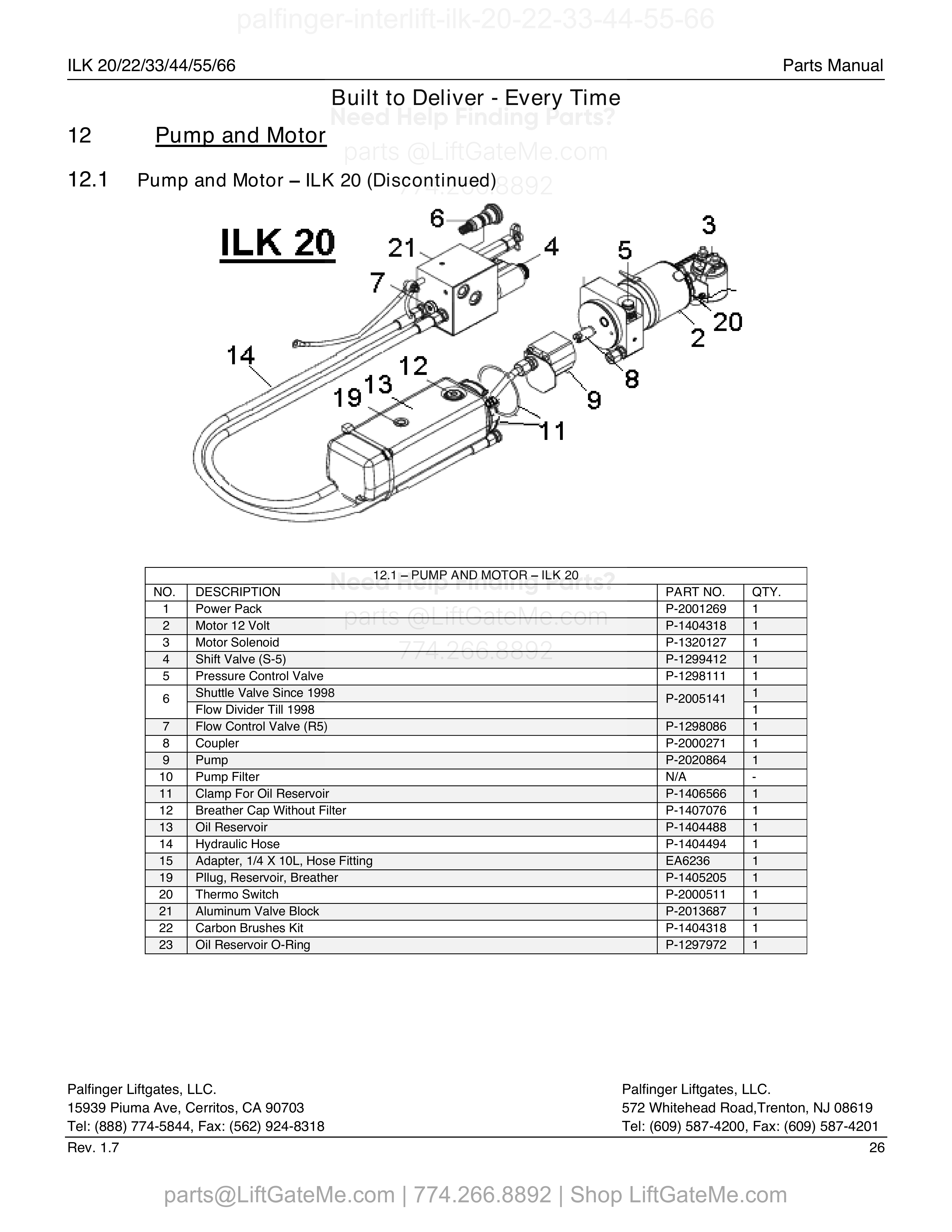 12.1 Pump and Motor – ILK 20 (Discontinued) diagram