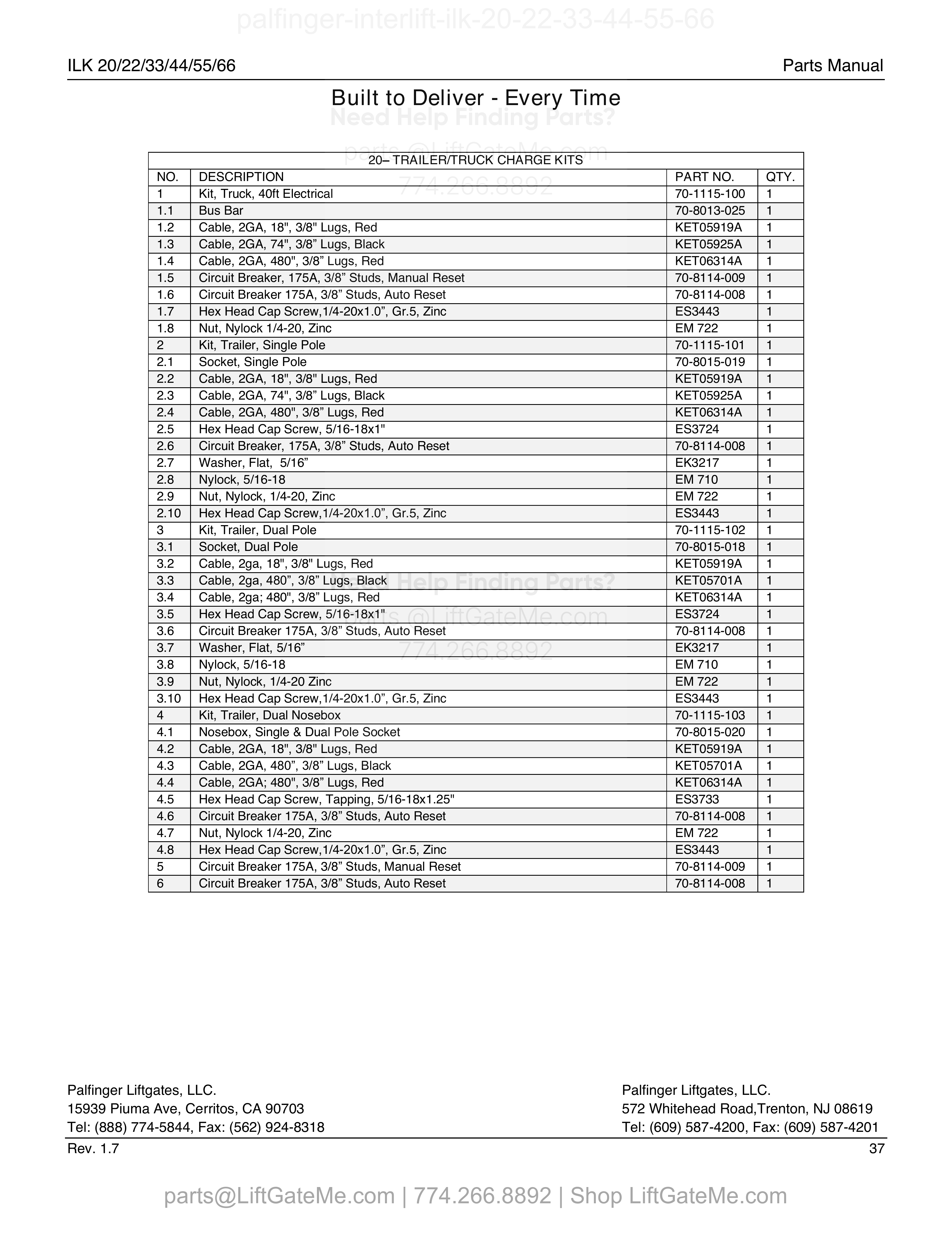 20 – TRAILER/TRUCK CHARGE KITS parts table