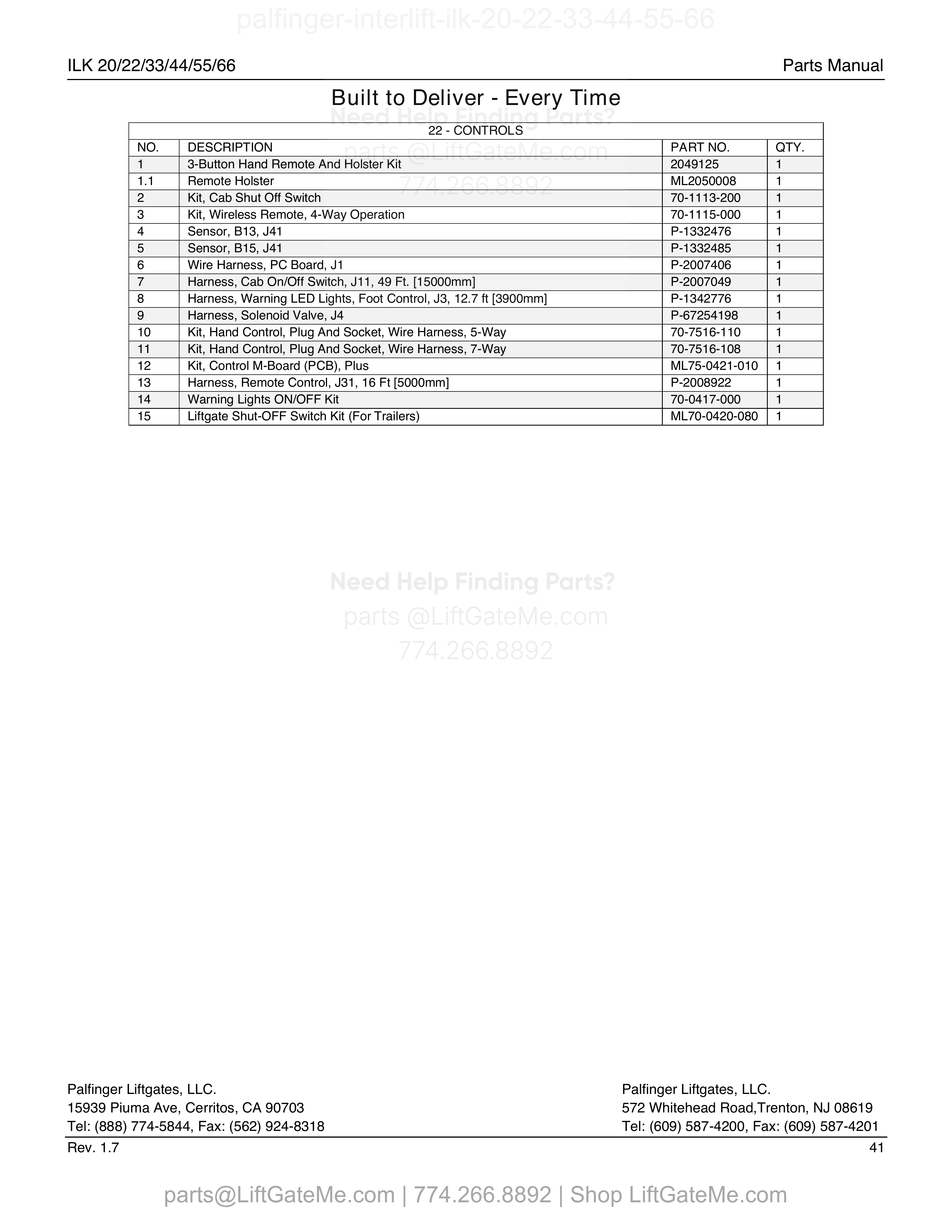 22 - CONTROLS parts table