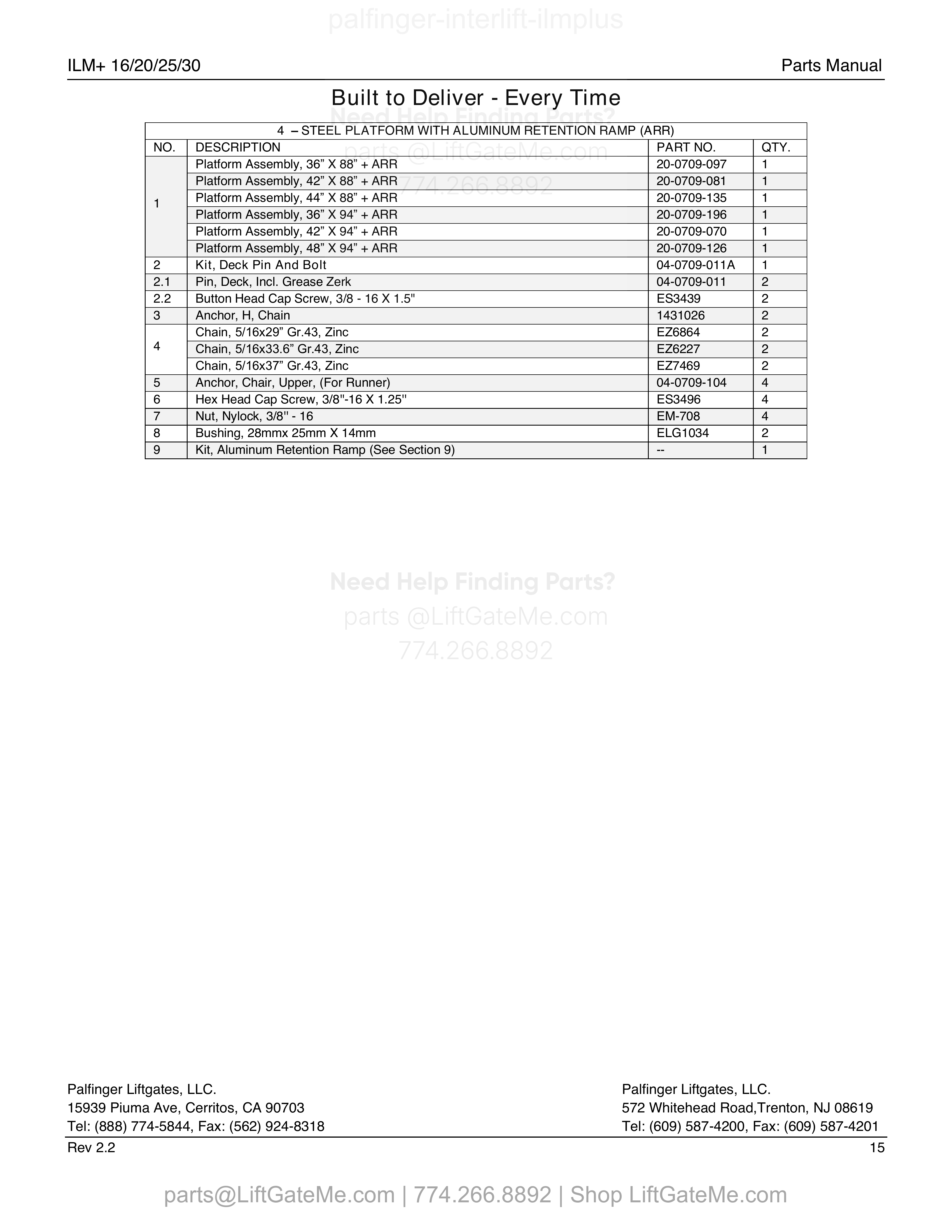 4 – STEEL PLATFORM WITH ALUMINUM RETENTION RAMP (ARR) parts table