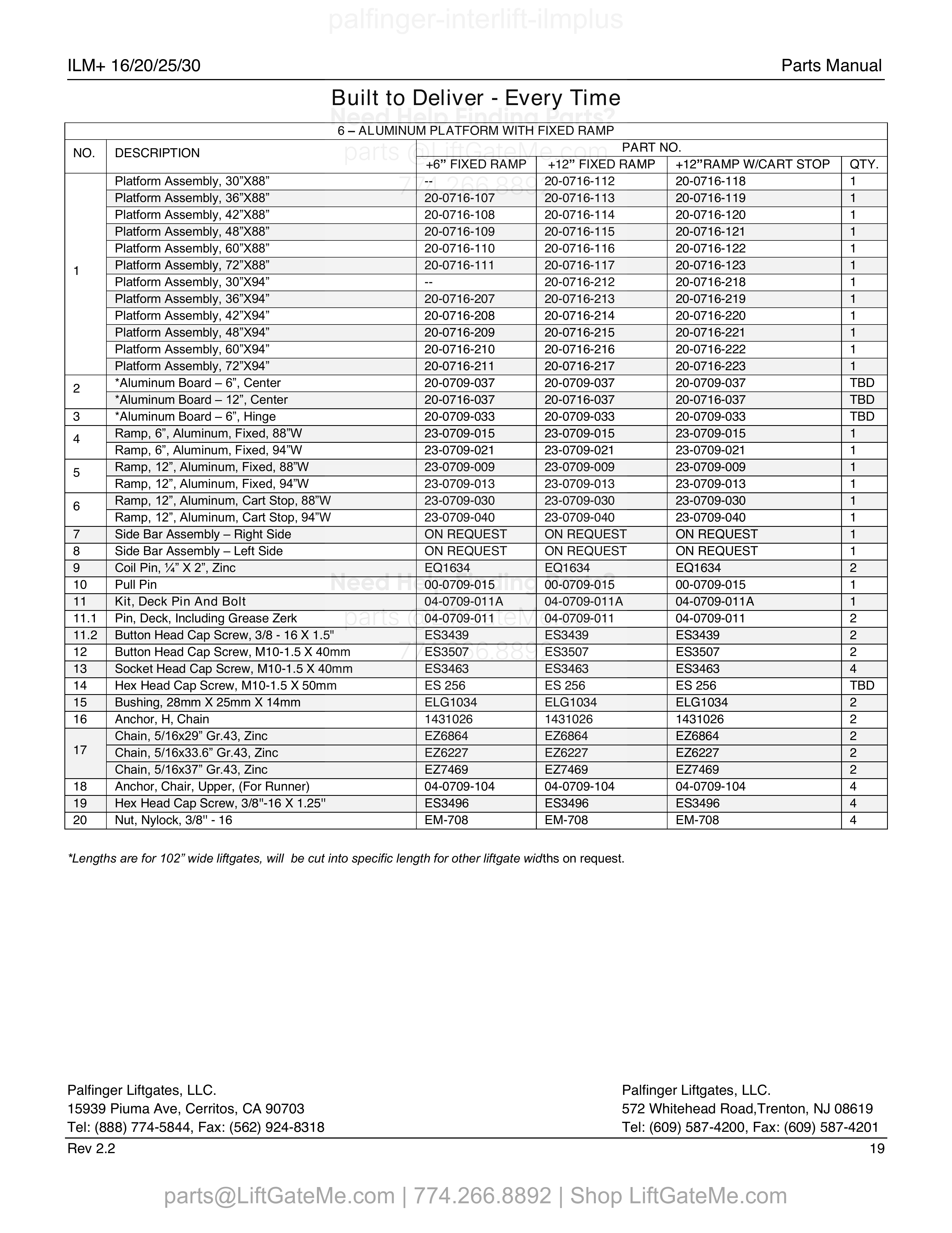 6 – ALUMINUM PLATFORM WITH FIXED RAMP parts table