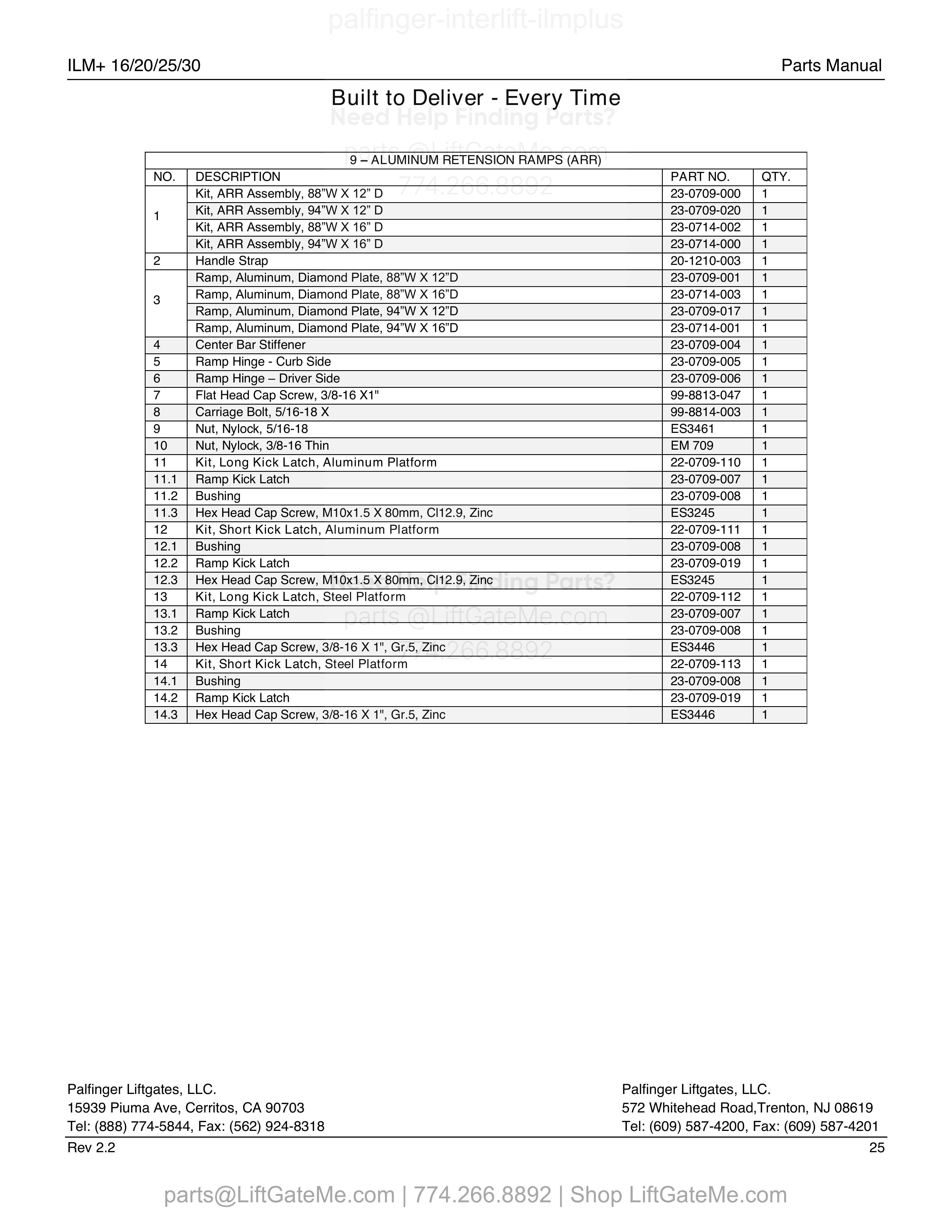 9 – ALUMINUM RETENSION RAMPS (ARR) parts table
