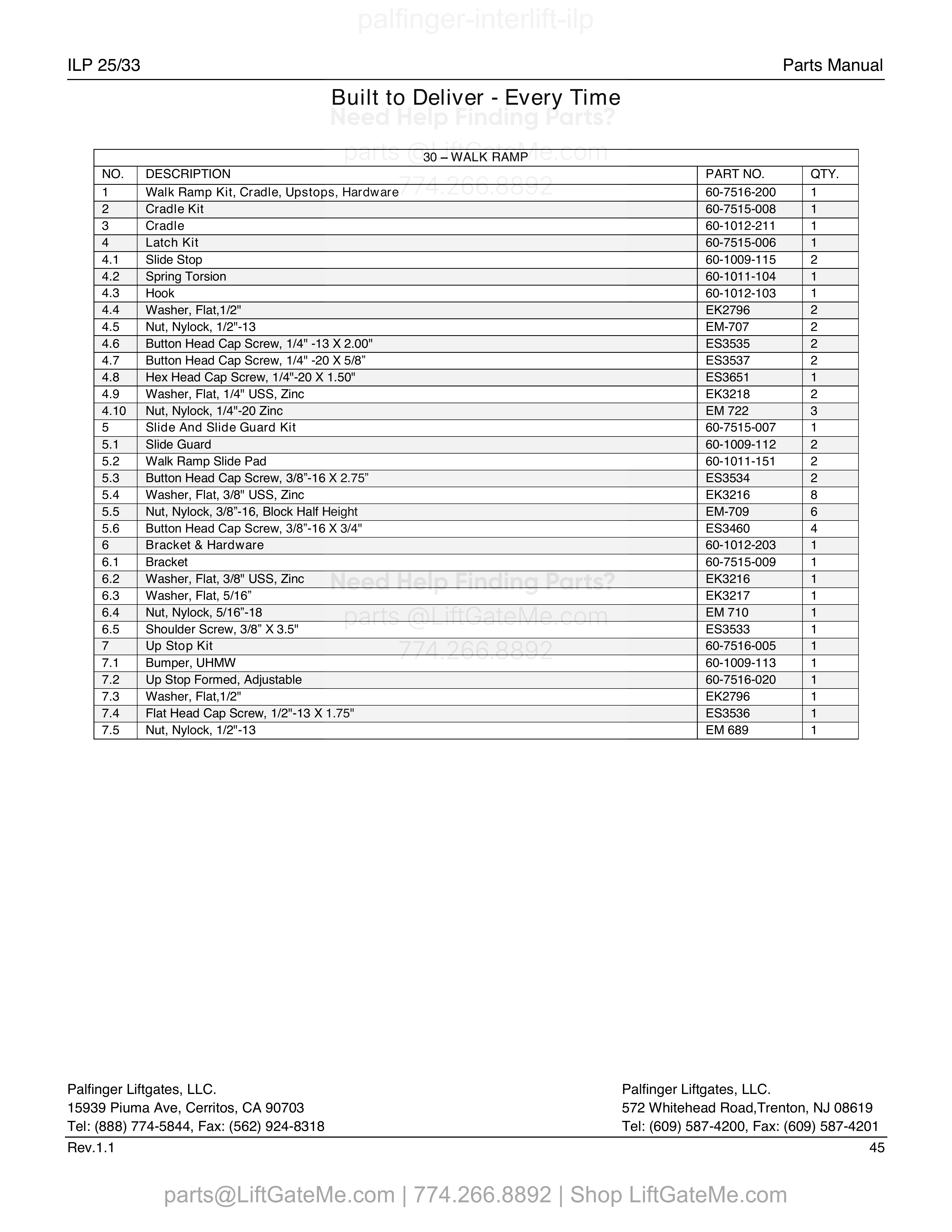 30 – WALK RAMP parts table