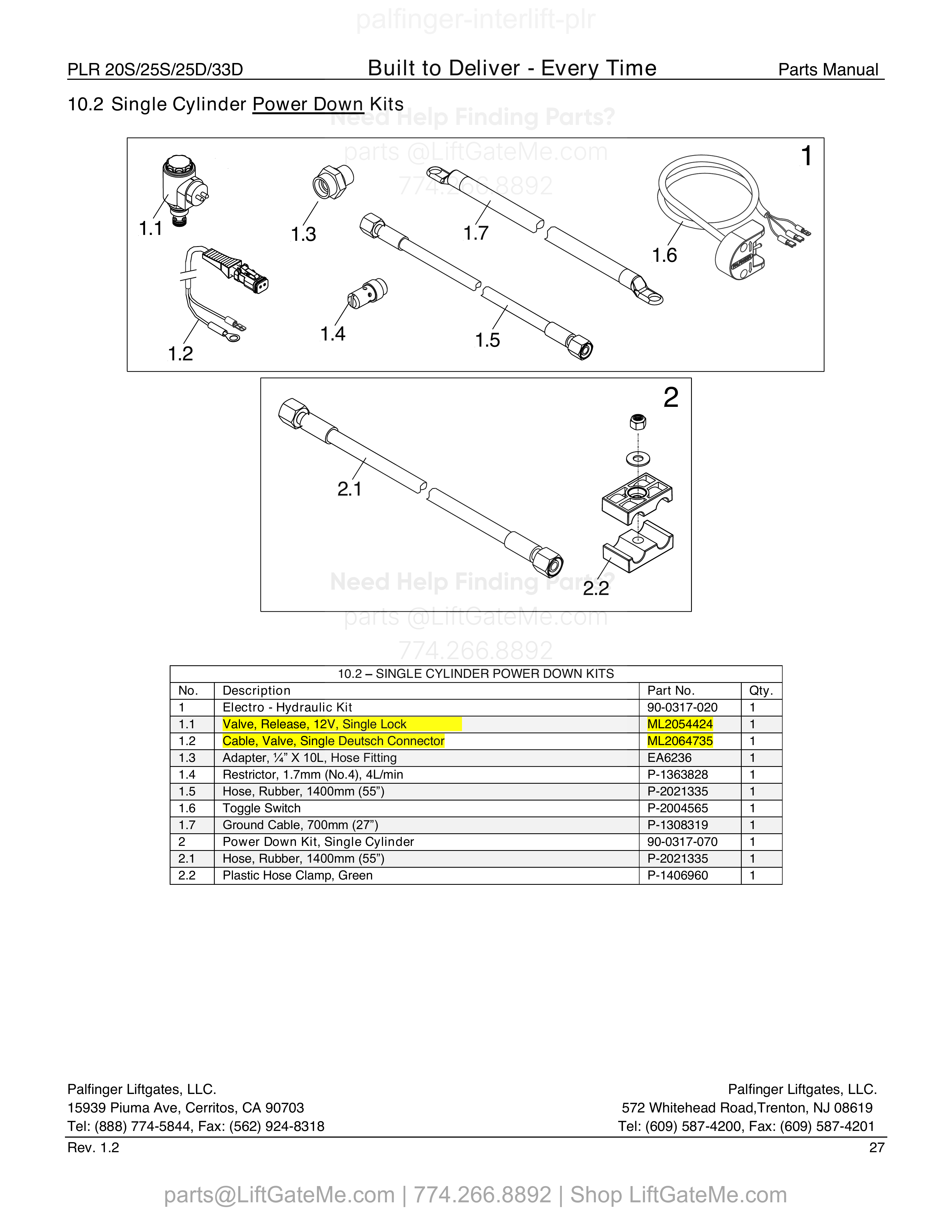 10.2 Single Cylinder Power Down Kits diagram