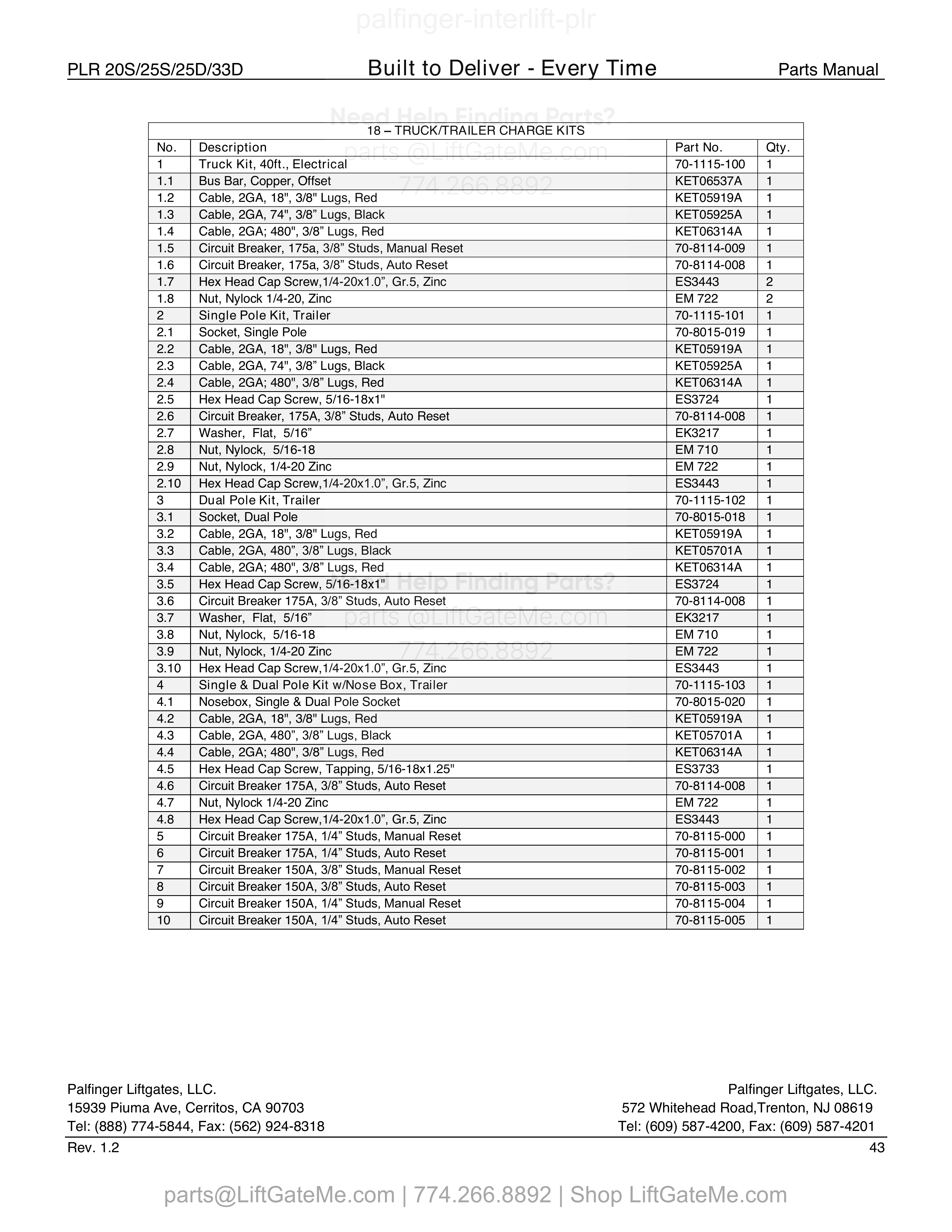 18 - TRUCK/TRAILER CHARGE KITS parts table