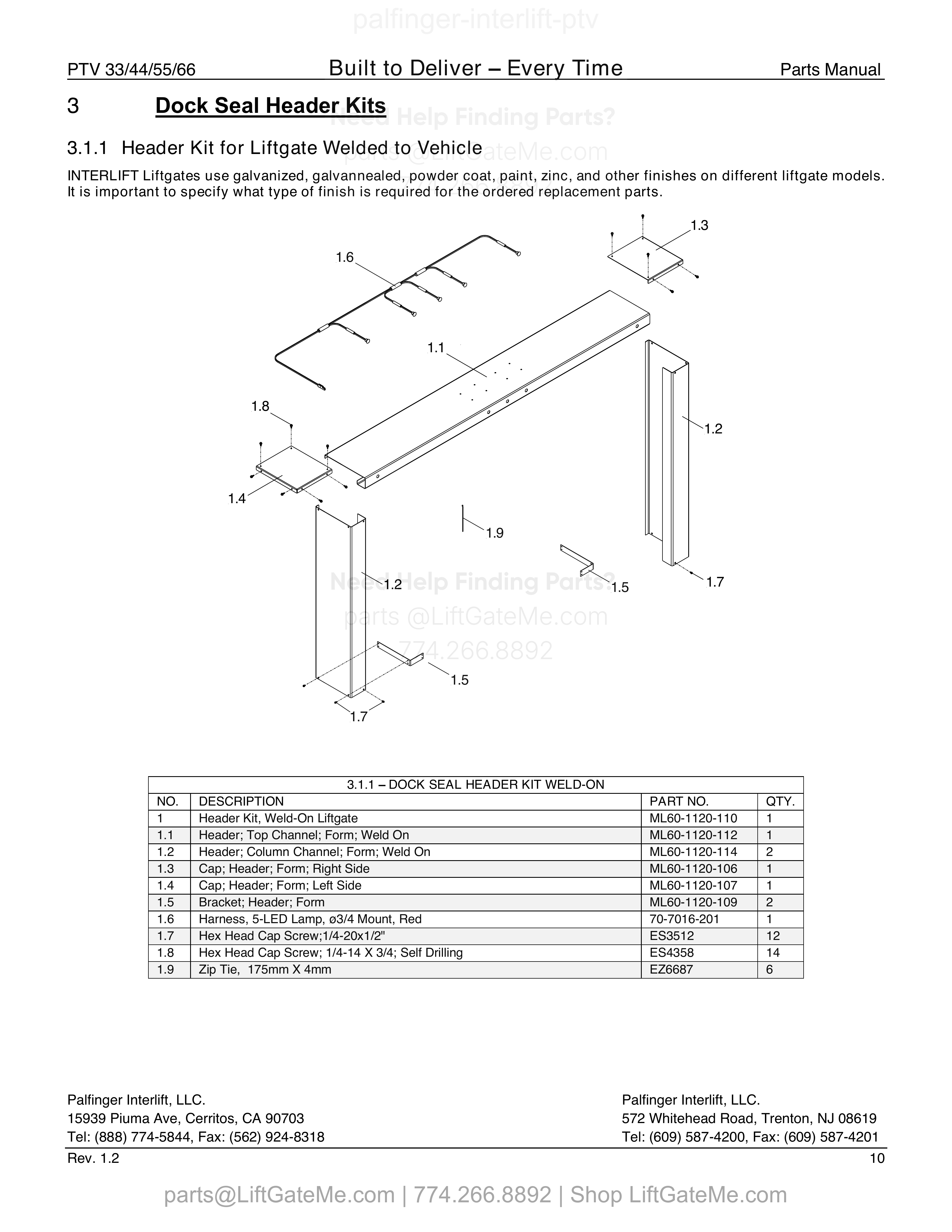 3.1.1 – DOCK SEAL HEADER KIT WELD-ON diagram