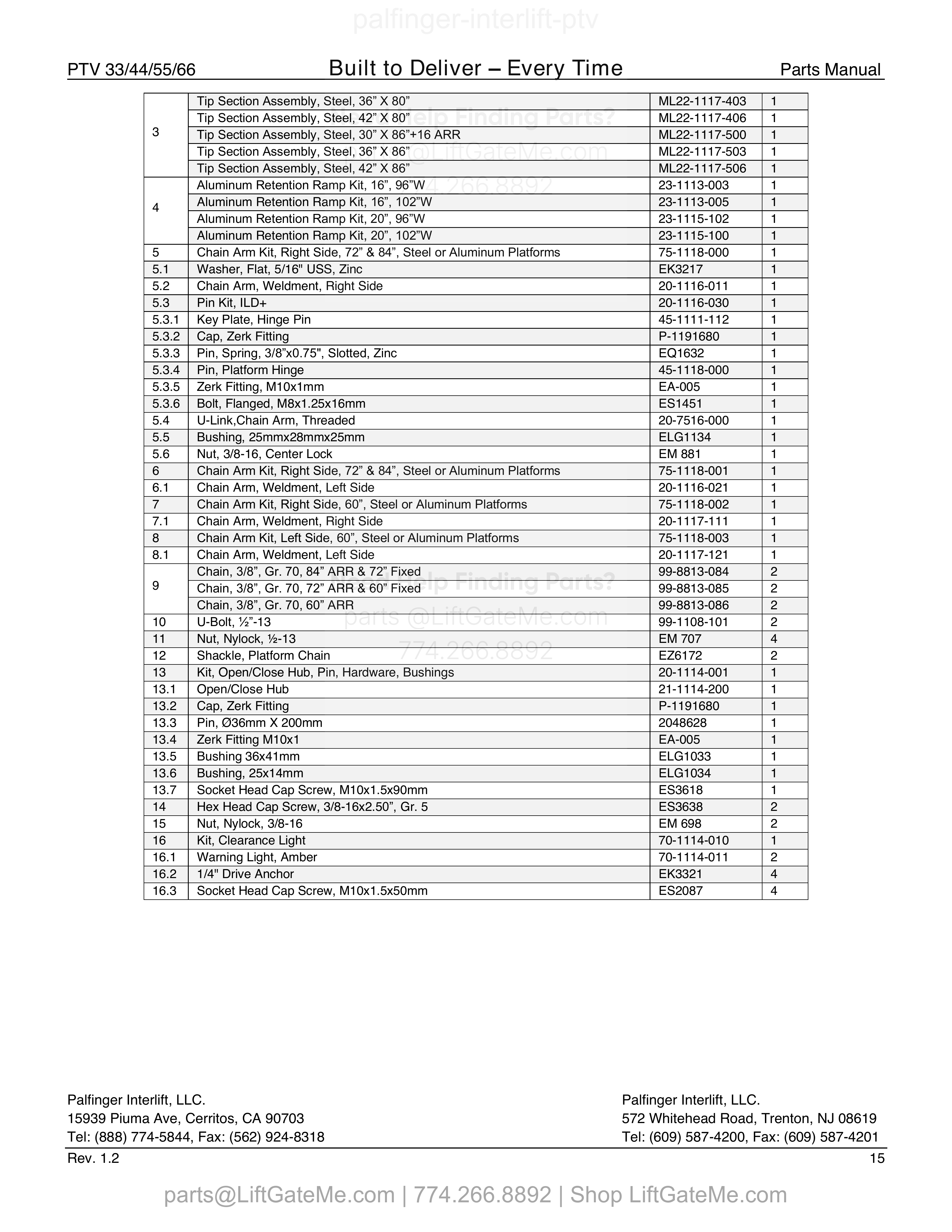 5 – Steel Platforms with Aluminum Retension Ramp (ARR) (continued) parts table