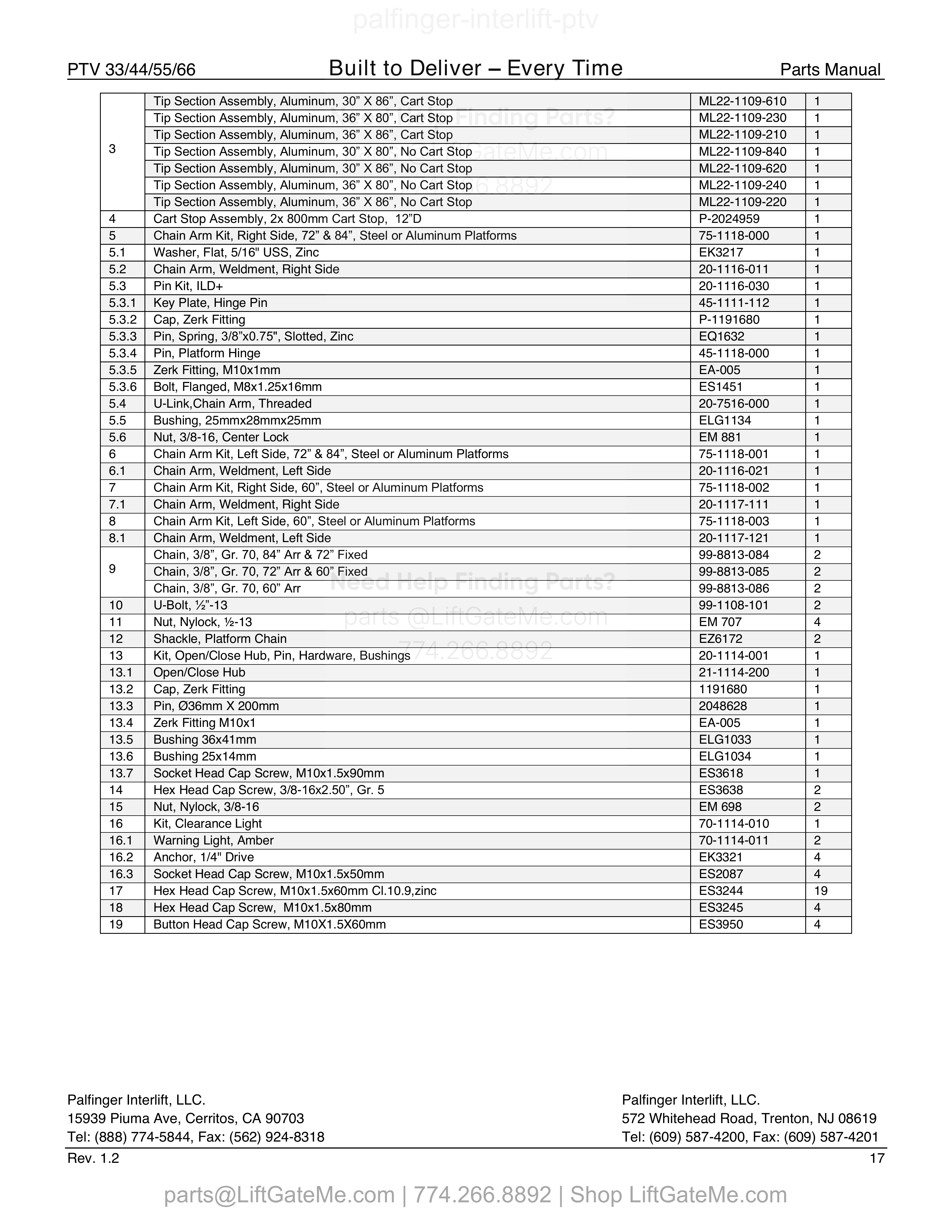 6 – Aluminum Platform with Fixed Ramp (continued) parts table