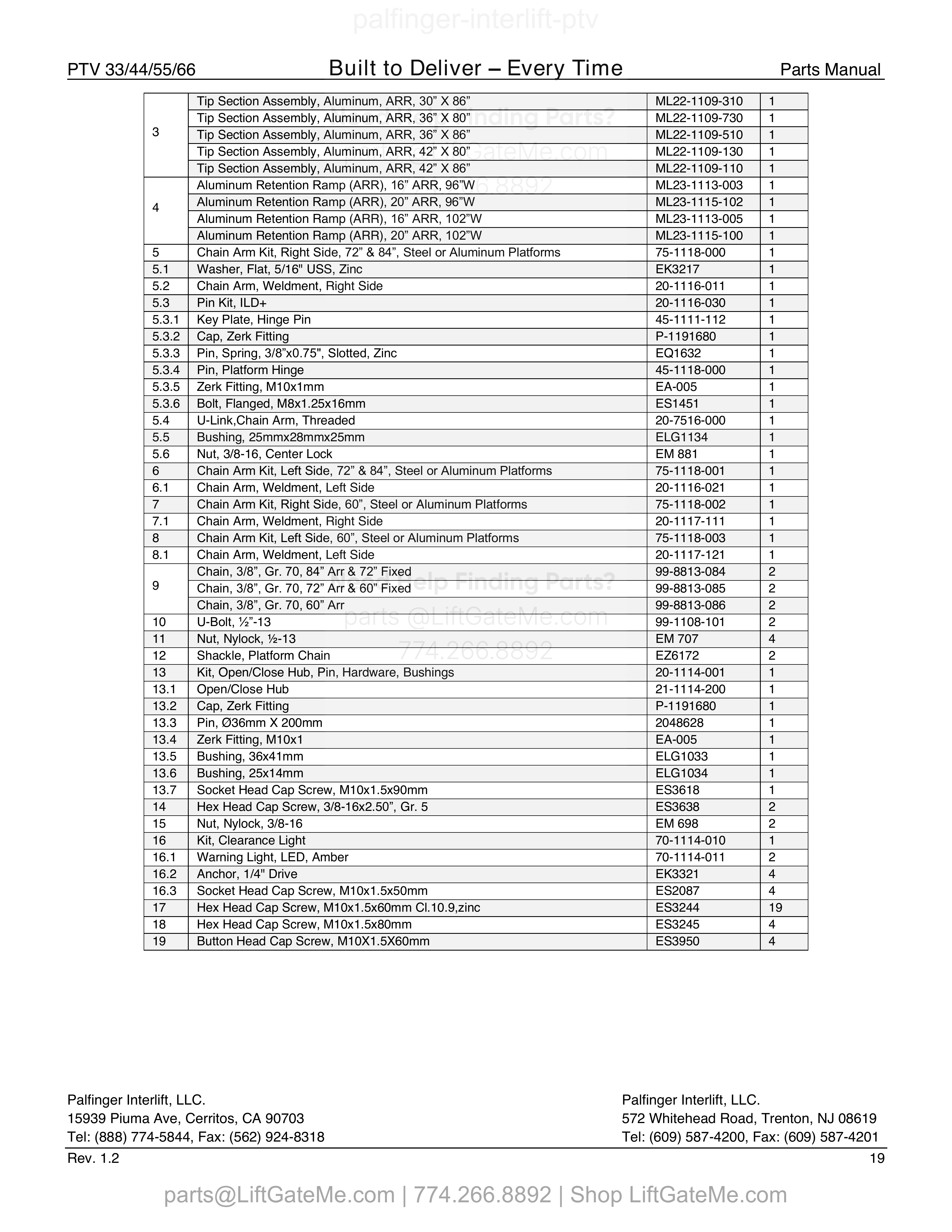 7 – Aluminum Platform with Aluminum Retension Ramp (ARR) (continued) parts table