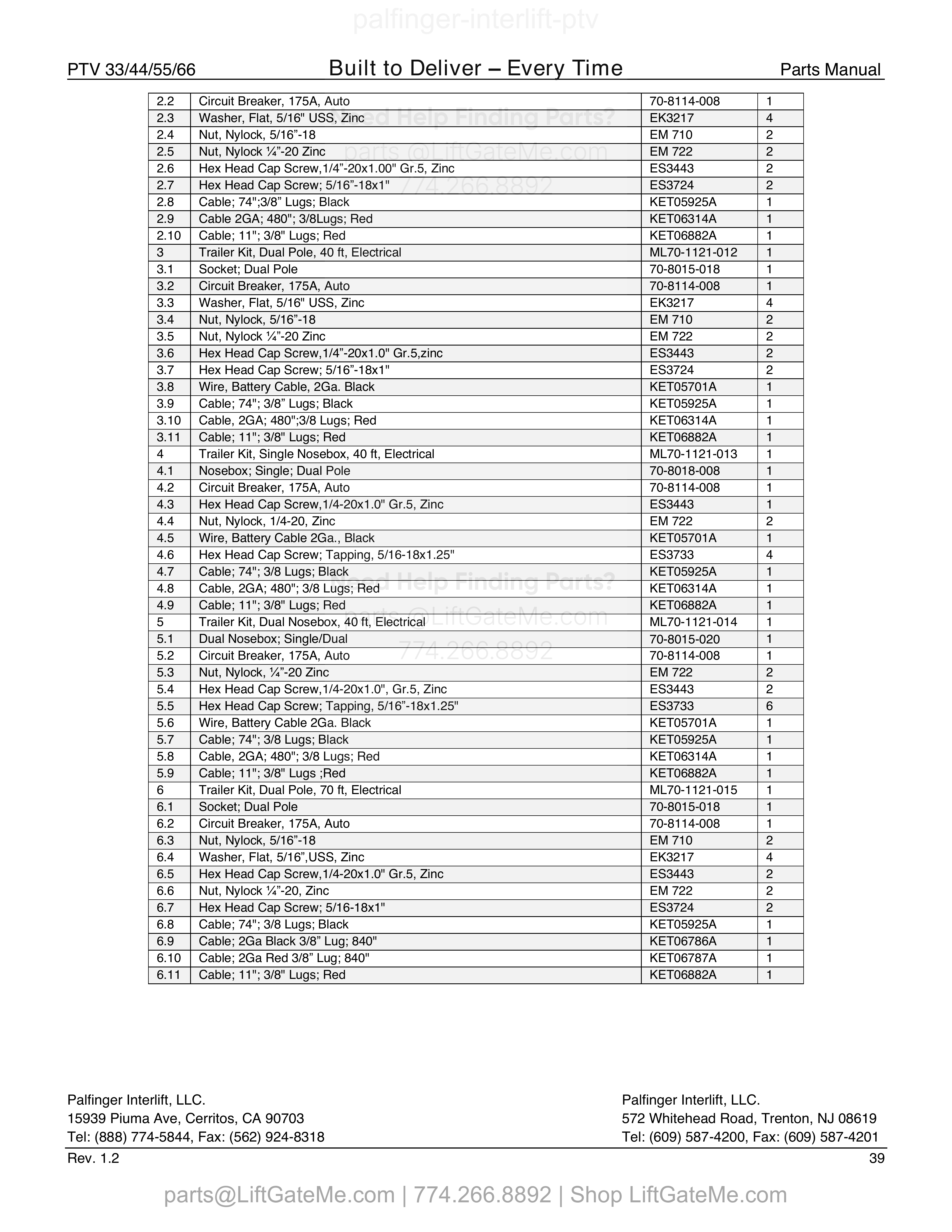 Trailer/Truck Charge Kits parts table