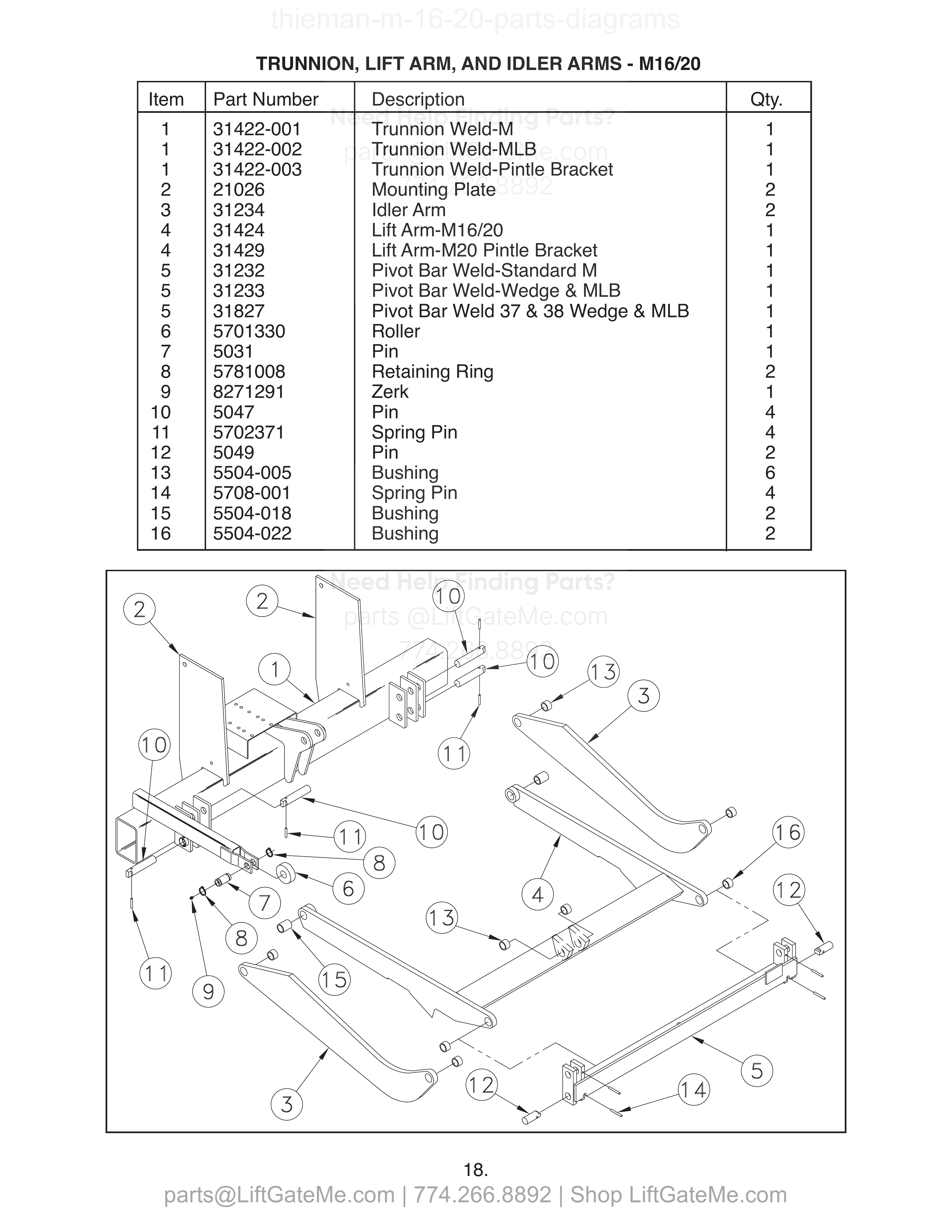 TRUNNION, LIFT ARM, AND IDLER ARMS - M16/20 diagram