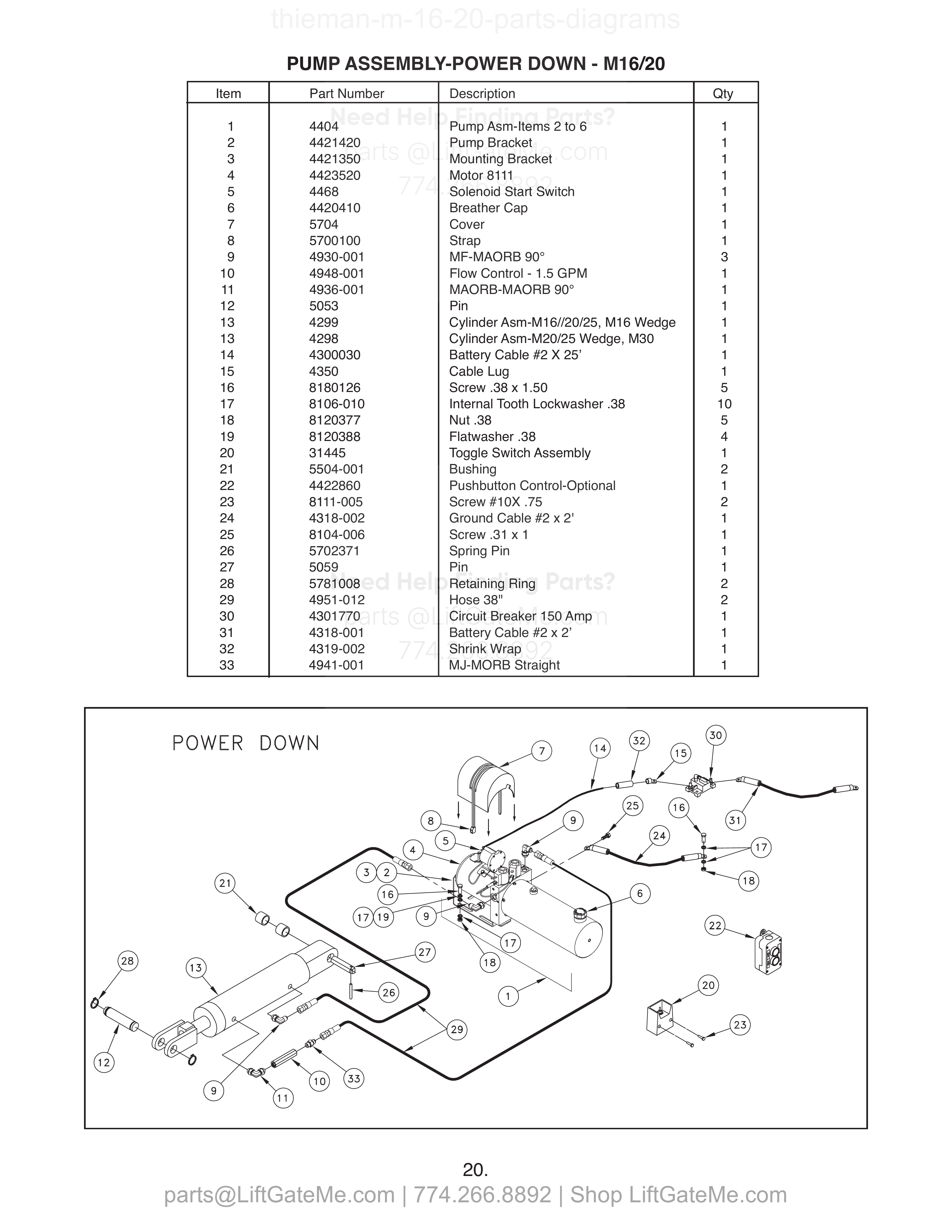 PUMP ASSEMBLY-POWER DOWN - M16/20 diagram