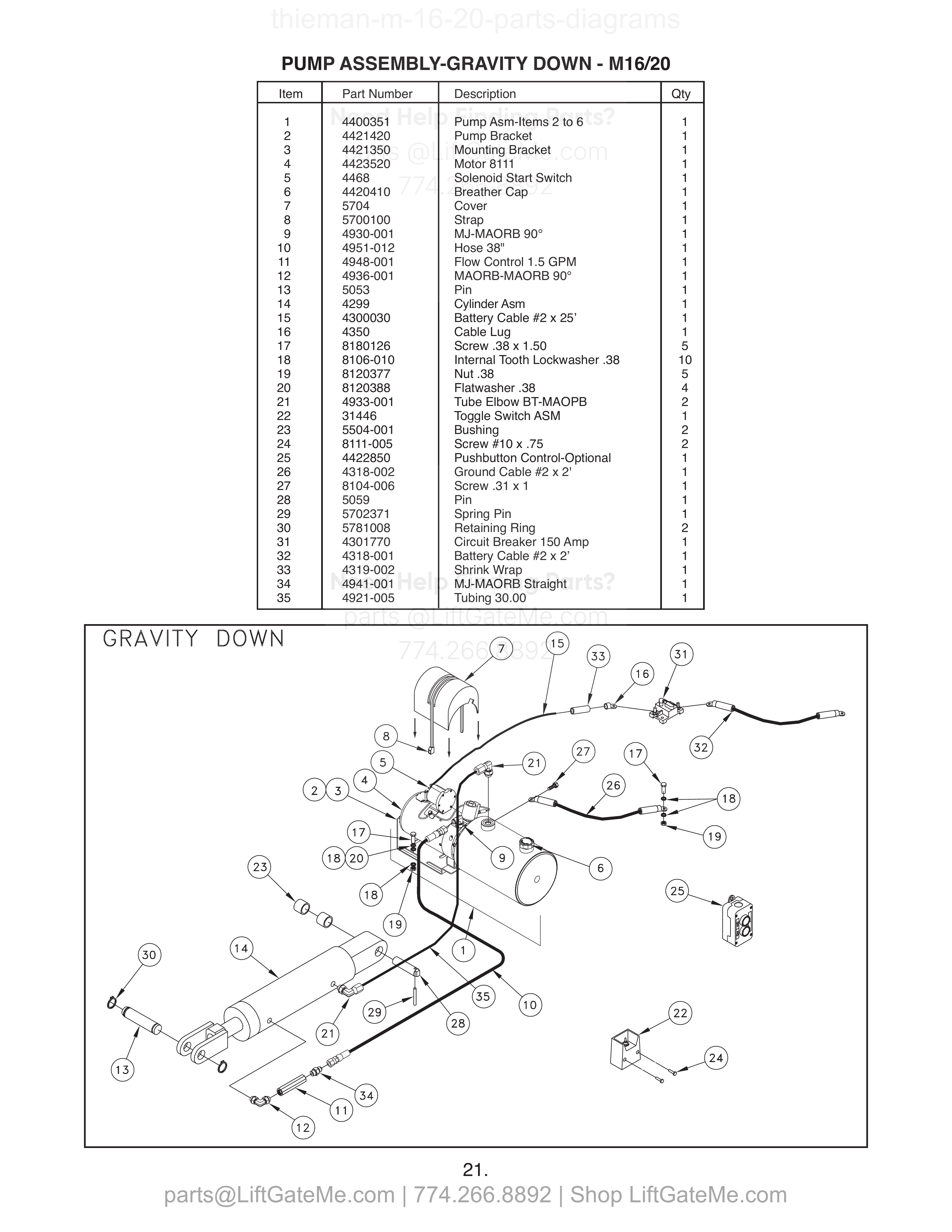 PUMP ASSEMBLY-GRAVITY DOWN - M16/20 diagram