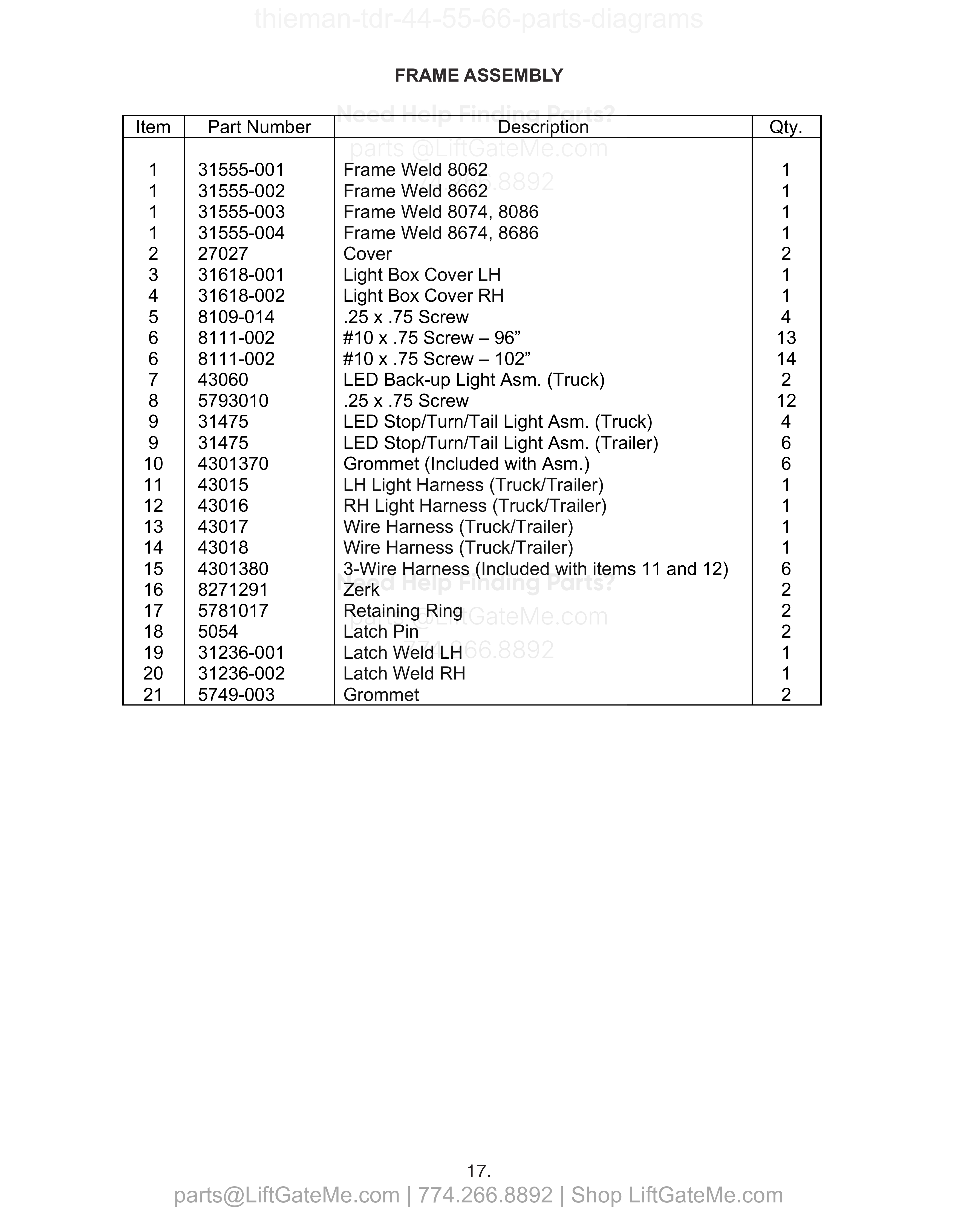 FRAME ASSEMBLY parts table
