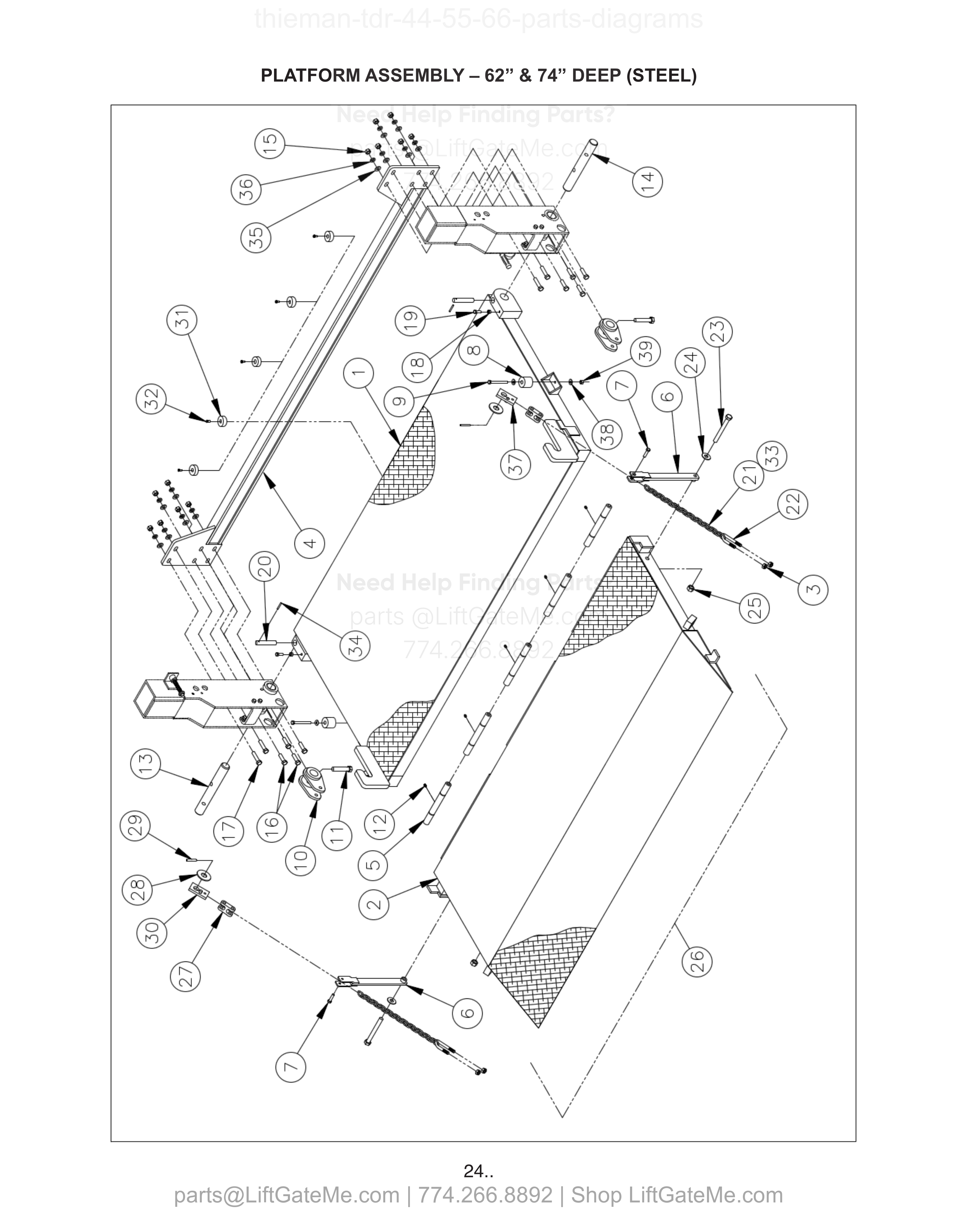 PLATFORM ASSEMBLY – 62” & 74” DEEP (STEEL) diagram