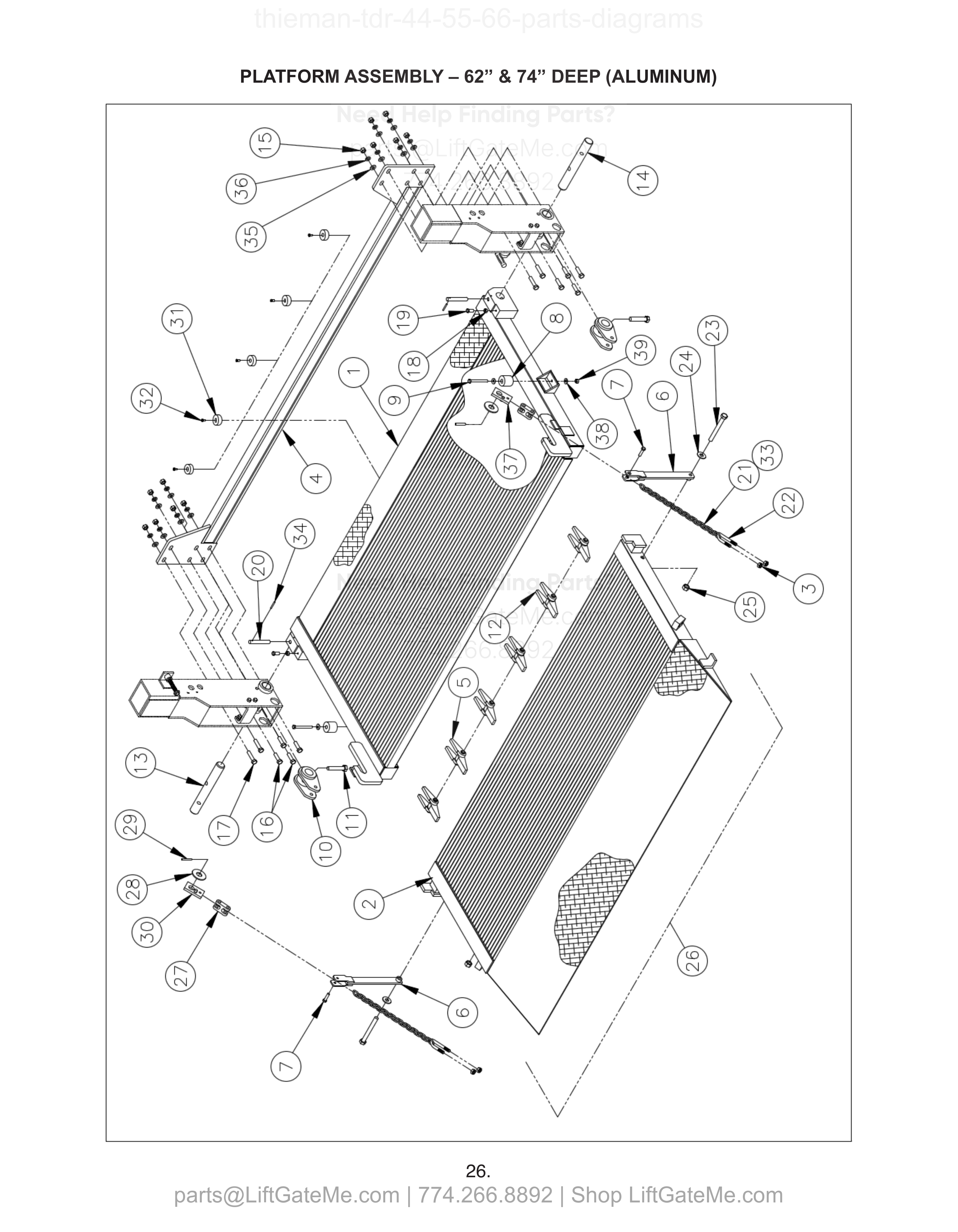 PLATFORM ASSEMBLY – 62” & 74” DEEP (ALUM.) diagram