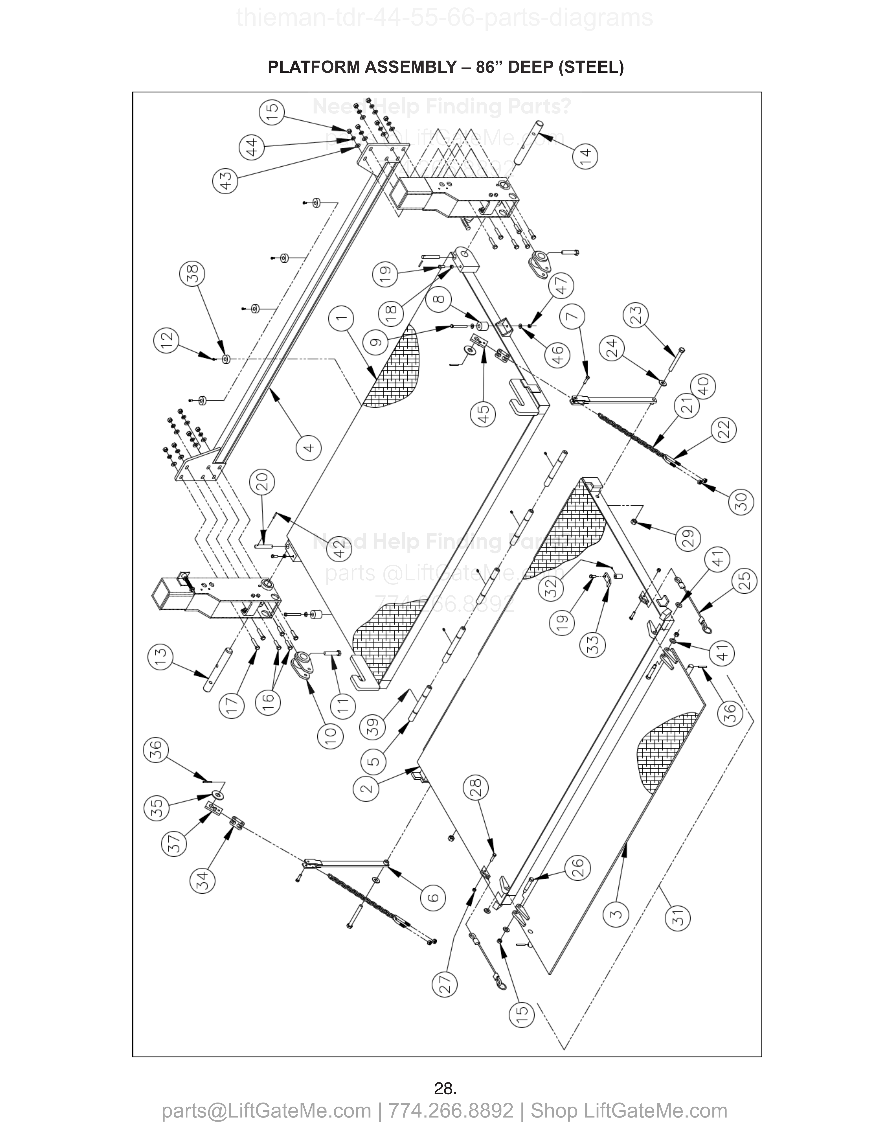PLATFORM ASSEMBLY – 86” DEEP (STEEL) diagram