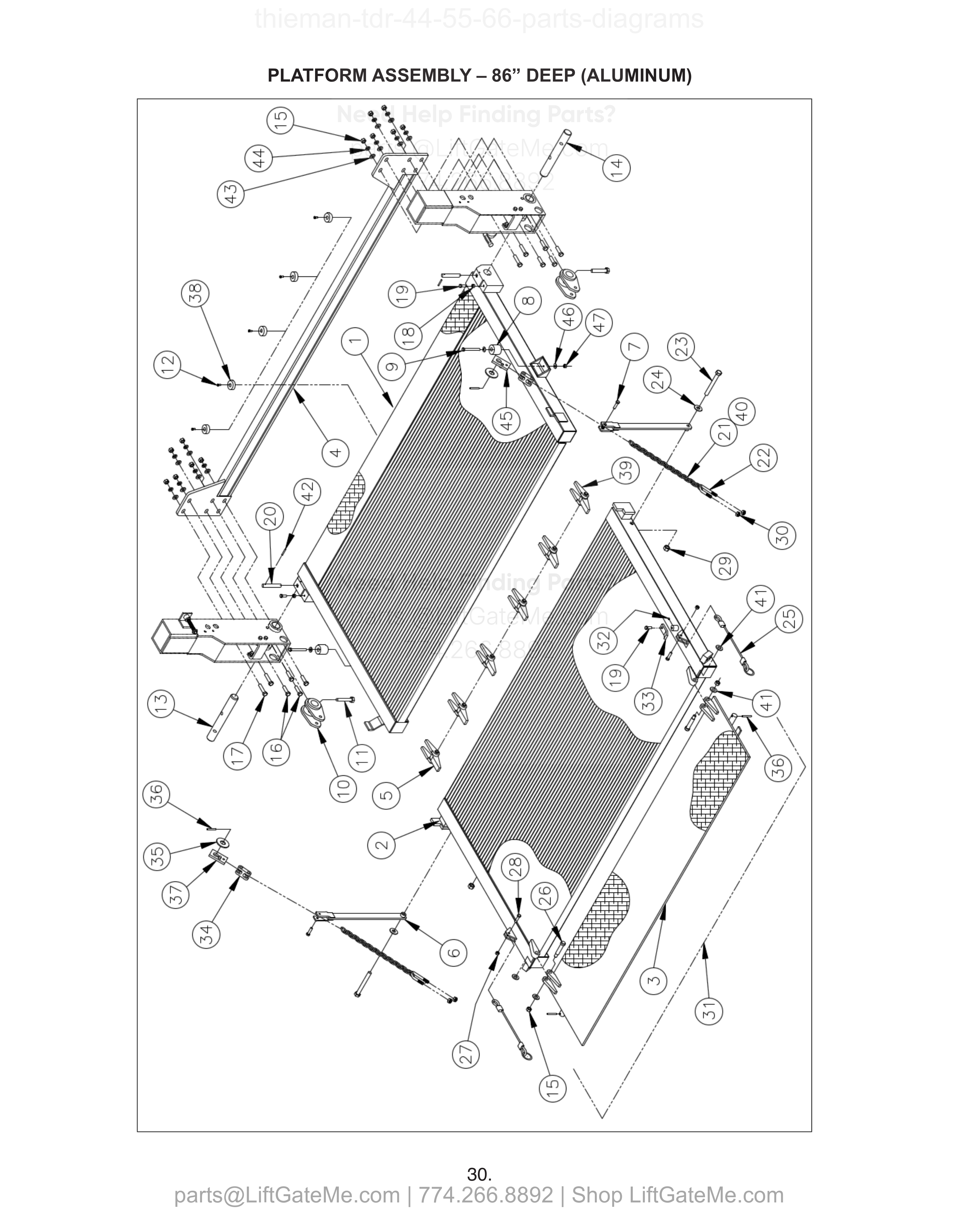 PLATFORM ASSEMBLY – 86” DEEP (ALUMINUM) diagram