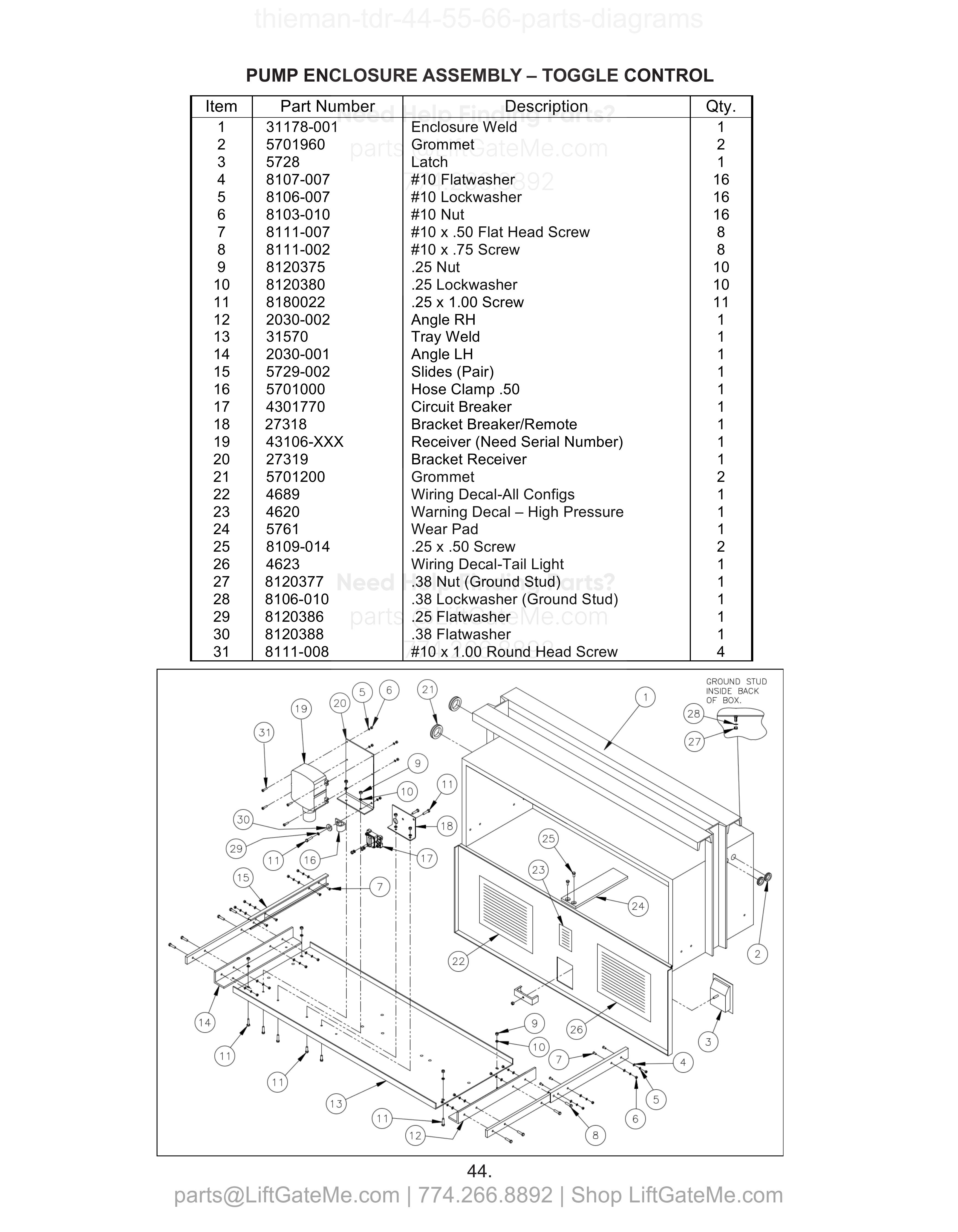 PUMP ENCLOSURE ASSEMBLY – TOGGLE CONTROL diagram