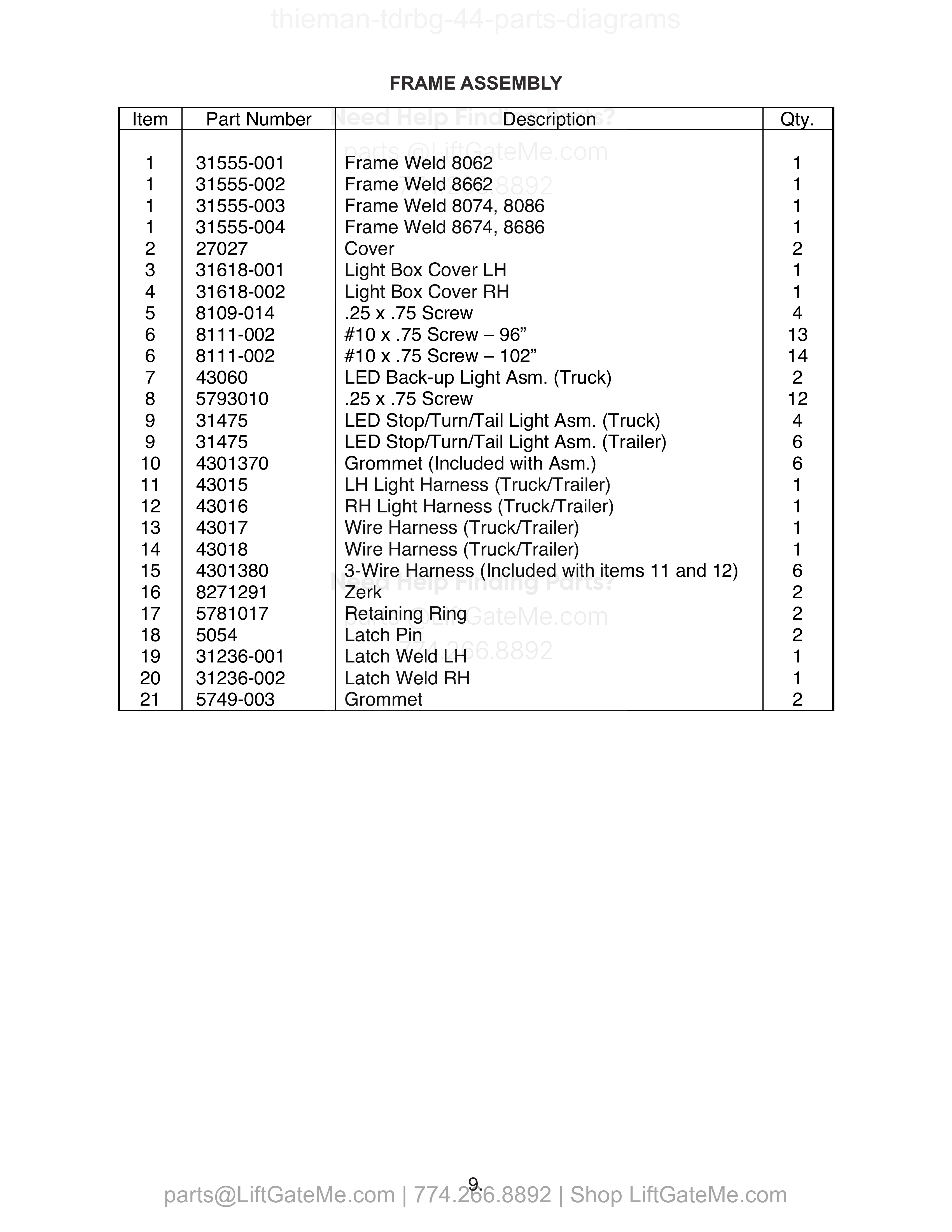 FRAME ASSEMBLY parts table