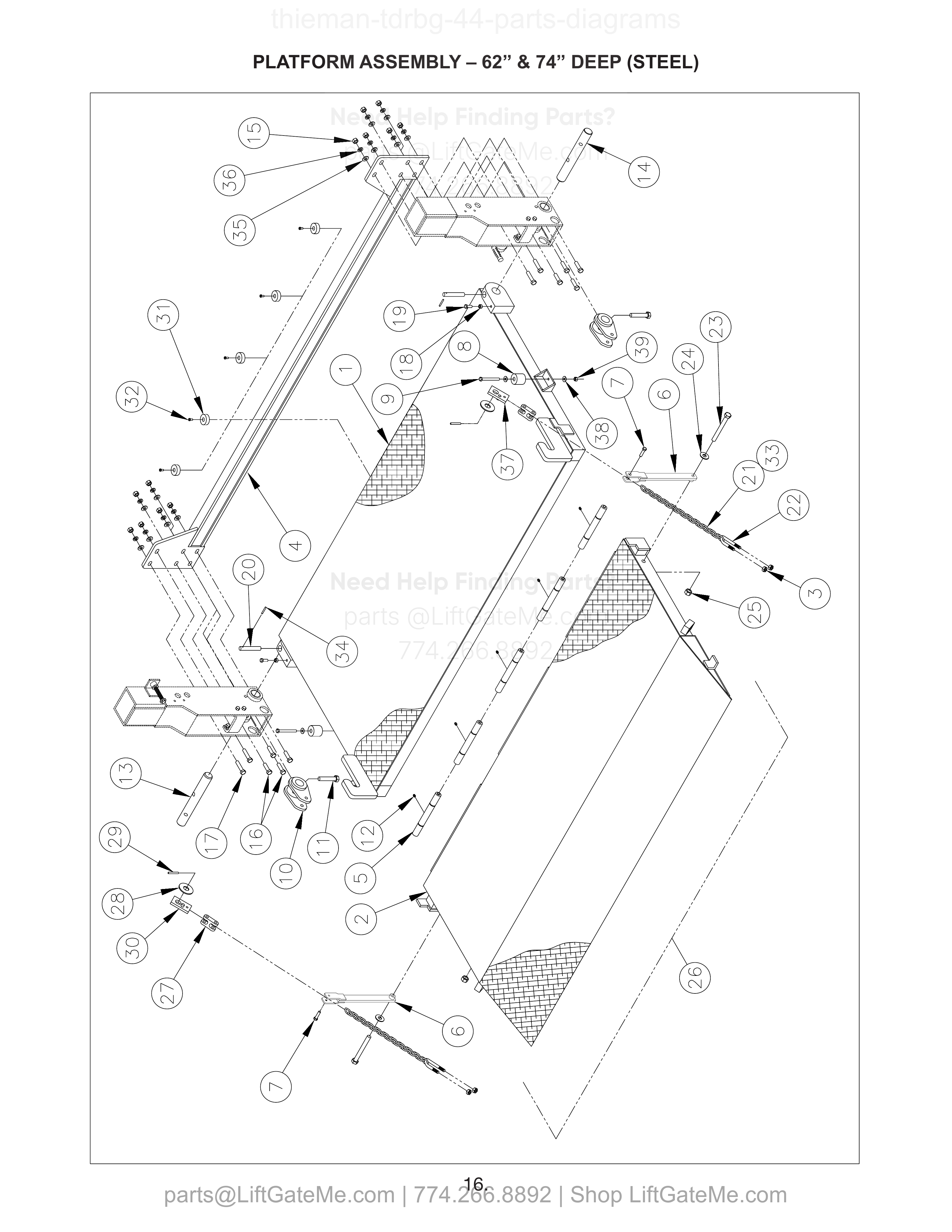 PLATFORM ASSEMBLY – 62” & 74” DEEP (STEEL) diagram