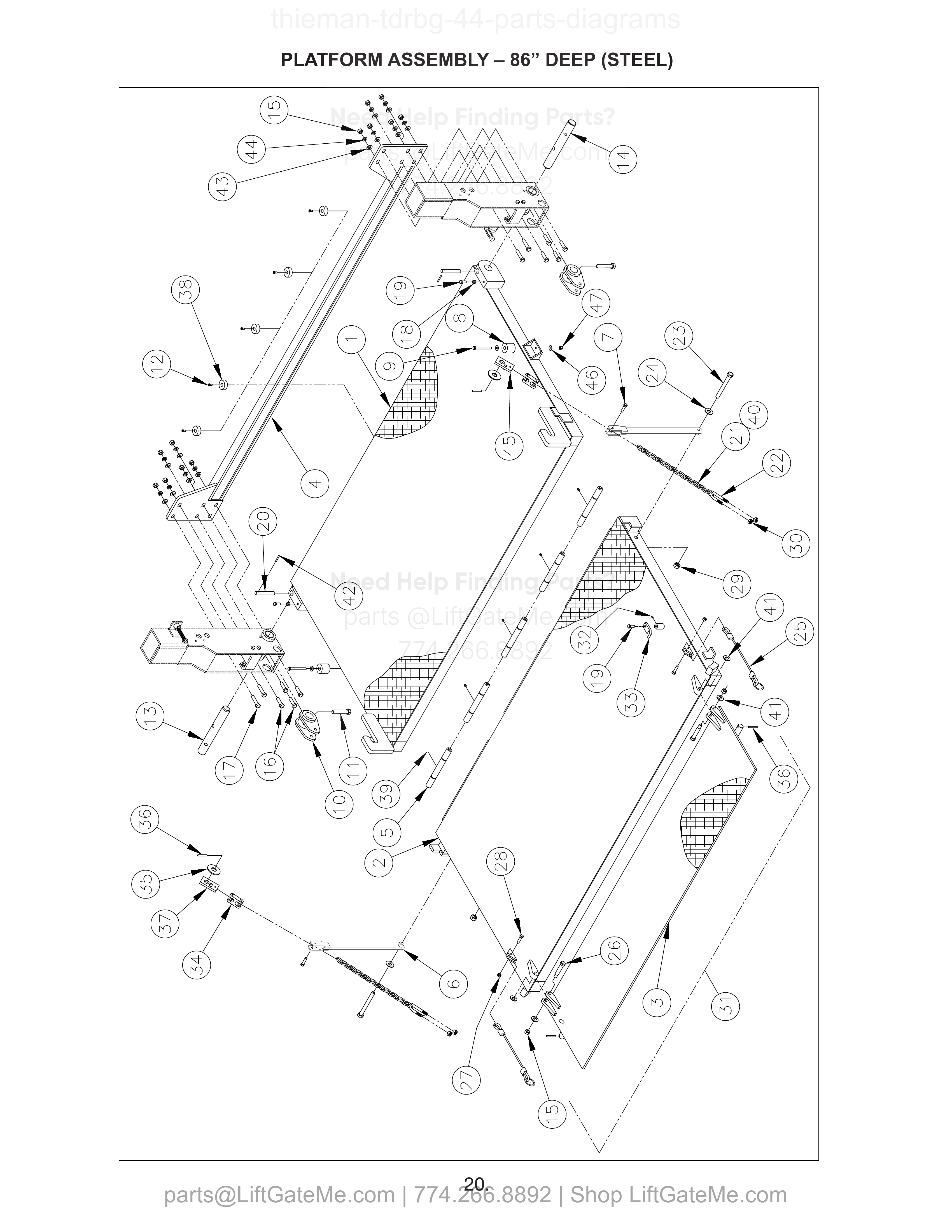 PLATFORM ASSEMBLY – 86” DEEP (STEEL) diagram