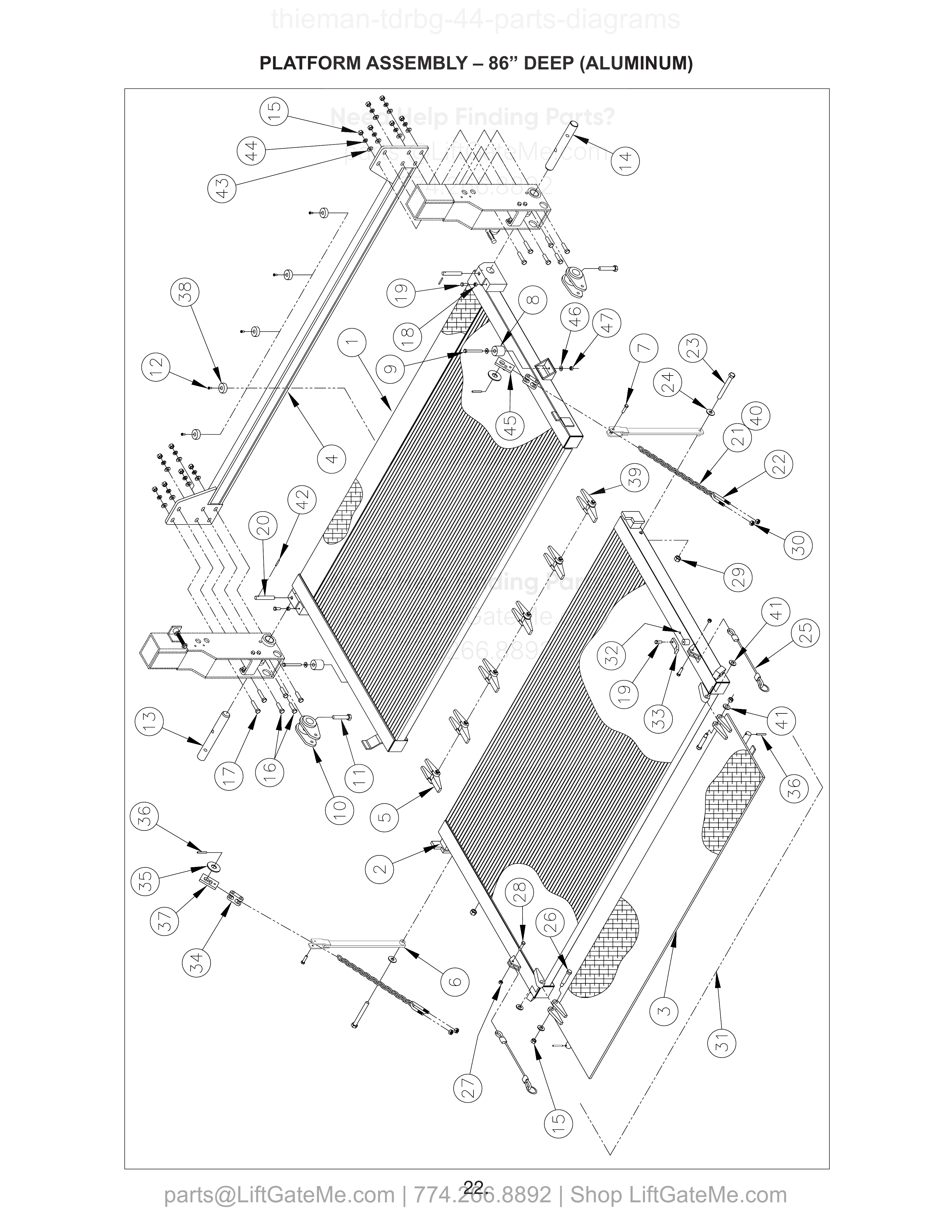 PLATFORM ASSEMBLY – 86” DEEP (ALUMINUM) diagram