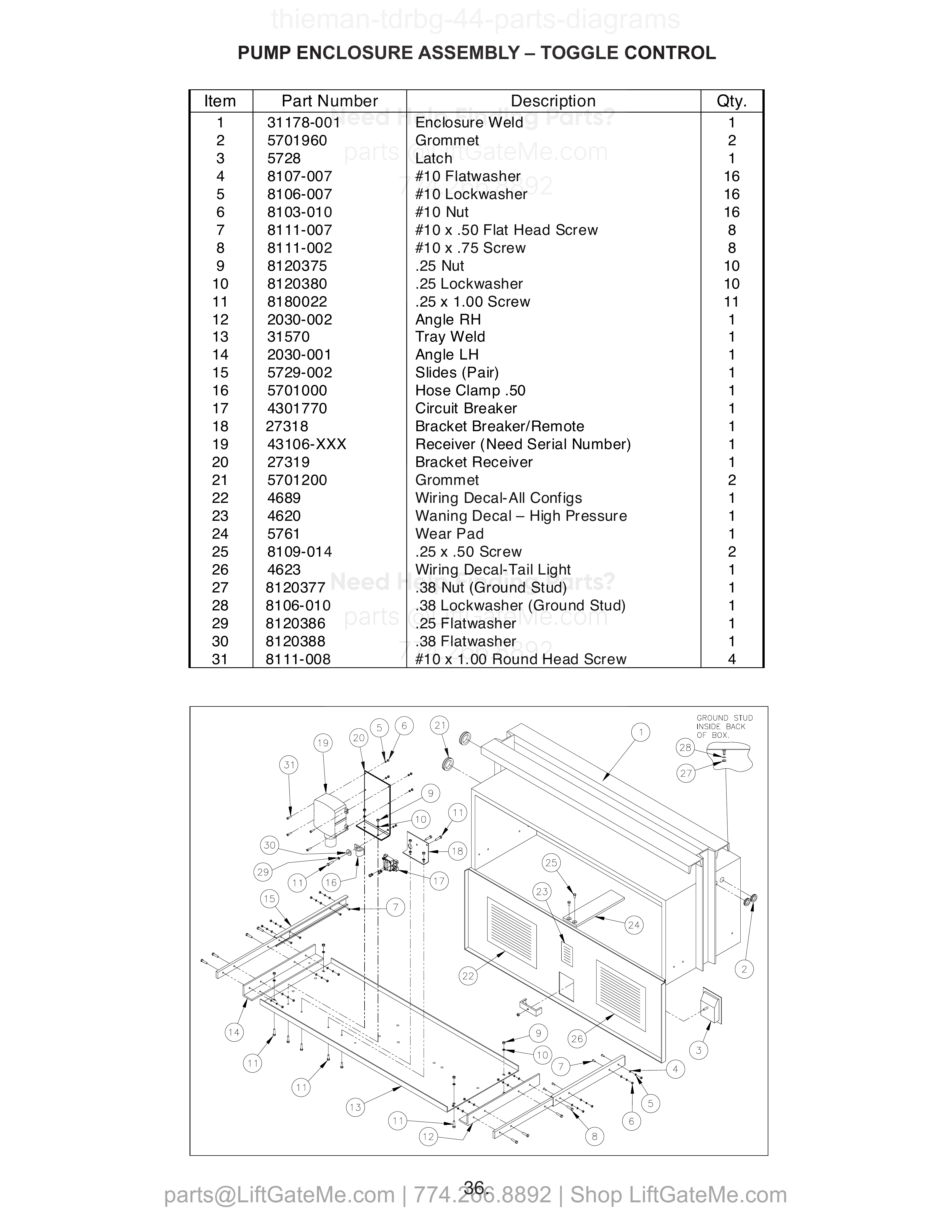 PUMP ENCLOSURE ASSEMBLY – TOGGLE CONTROL diagram