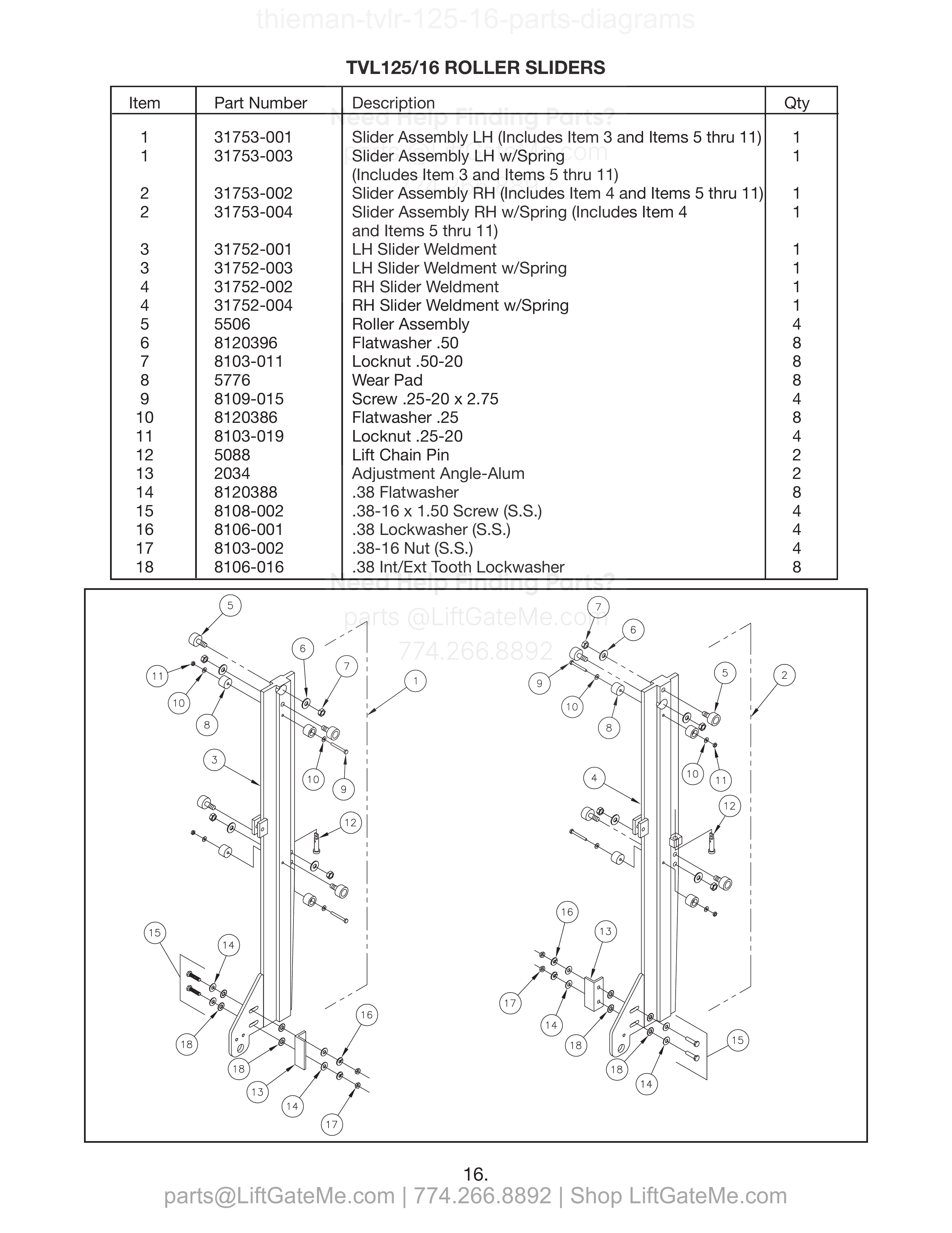 TVL125/16 ROLLER SLIDERS diagram