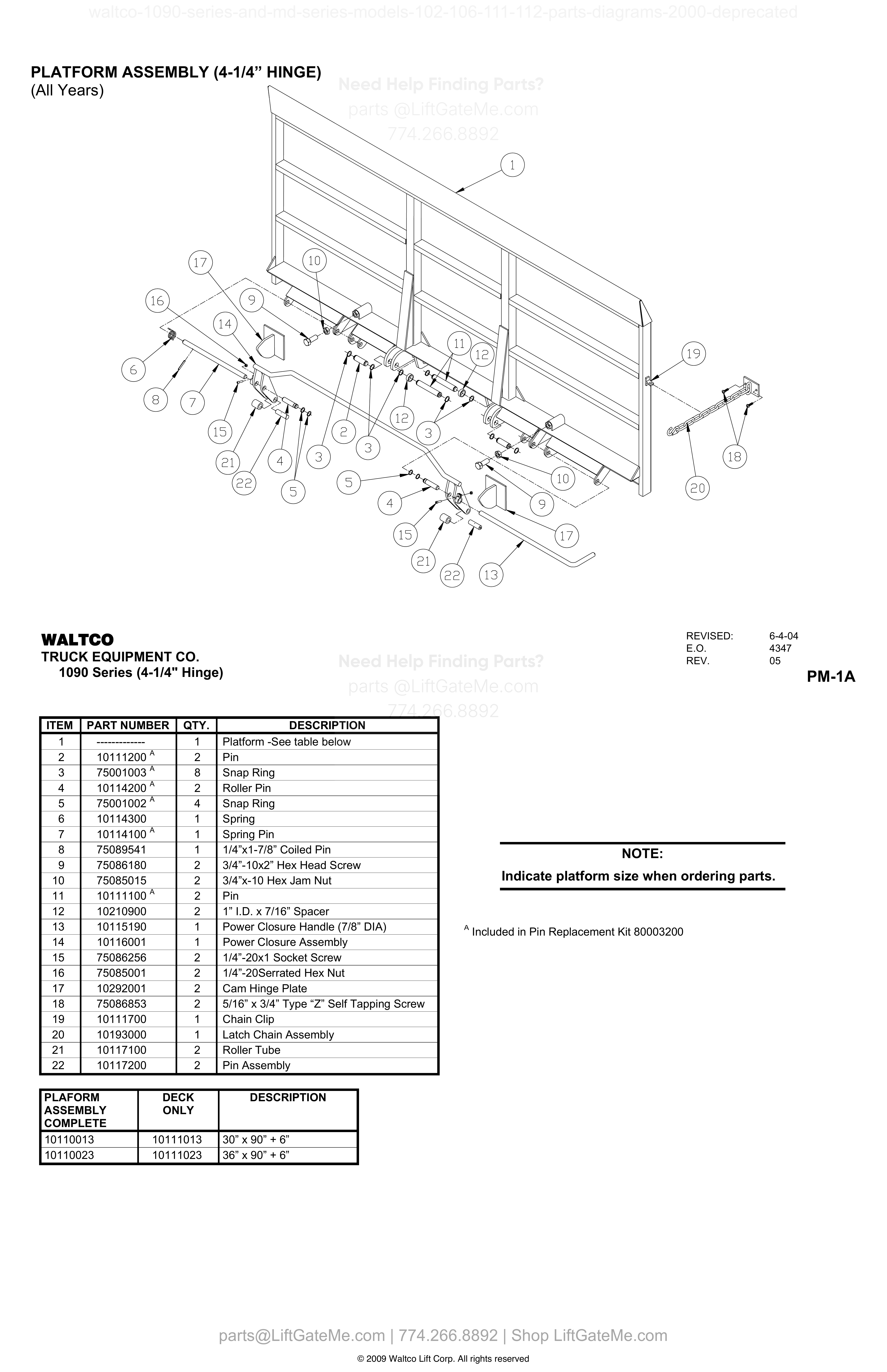 PLATFORM ASSEMBLY (4-1/4” HINGE) diagram