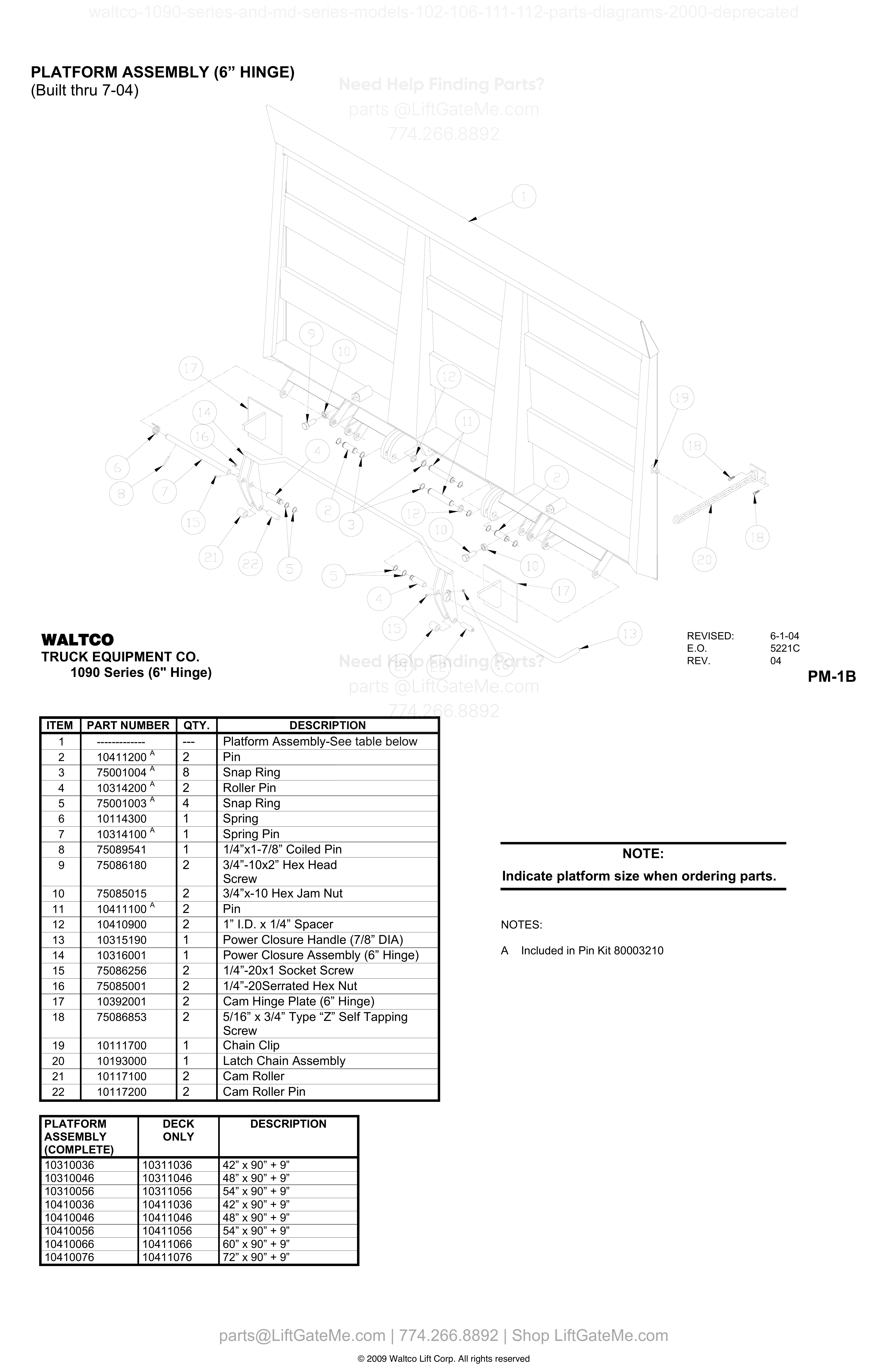 PLATFORM ASSEMBLY (6” HINGE) (Built thru 7-04) diagram