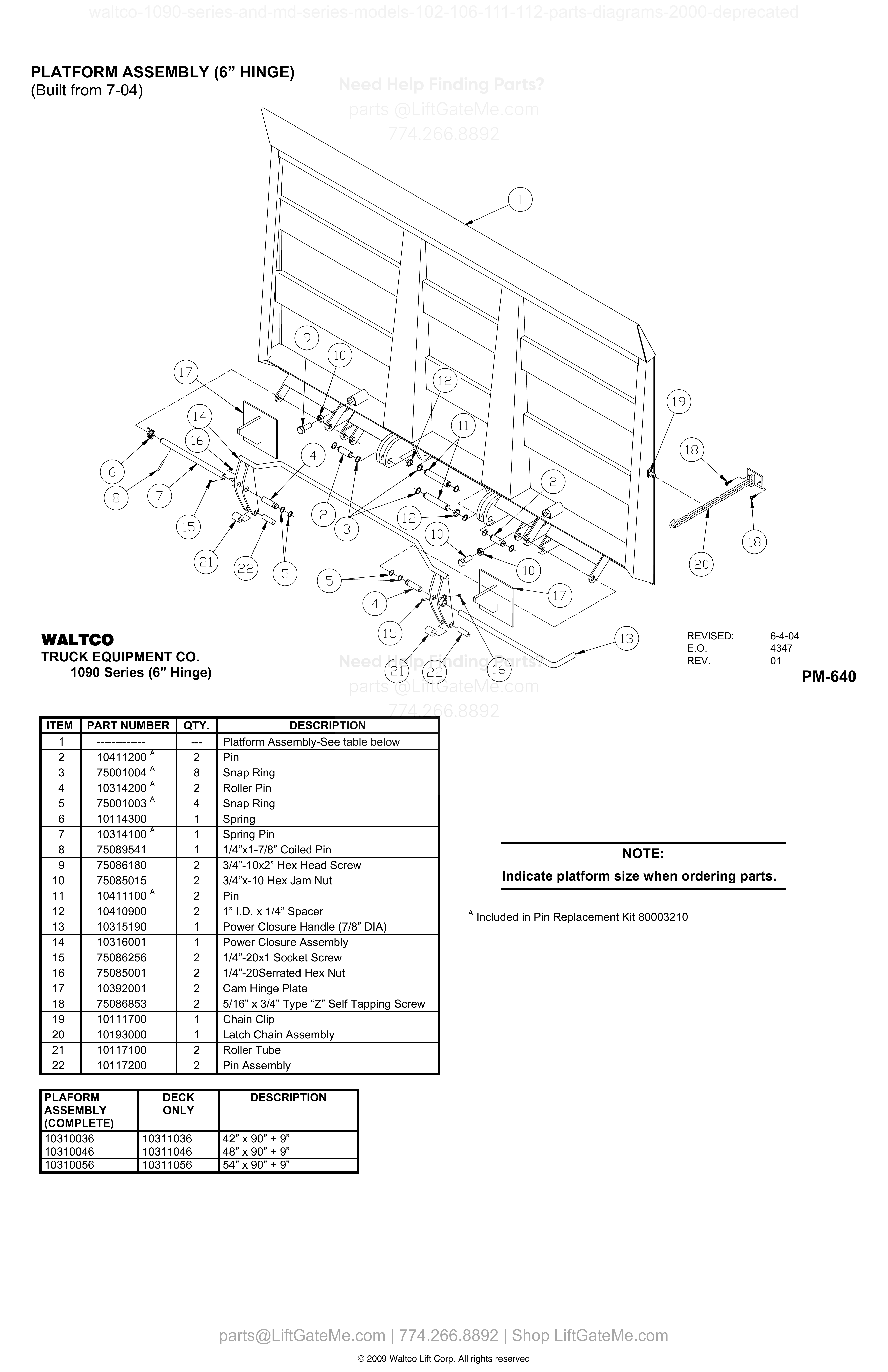 PLATFORM ASSEMBLY (6” HINGE) (Built from 7-04) diagram
