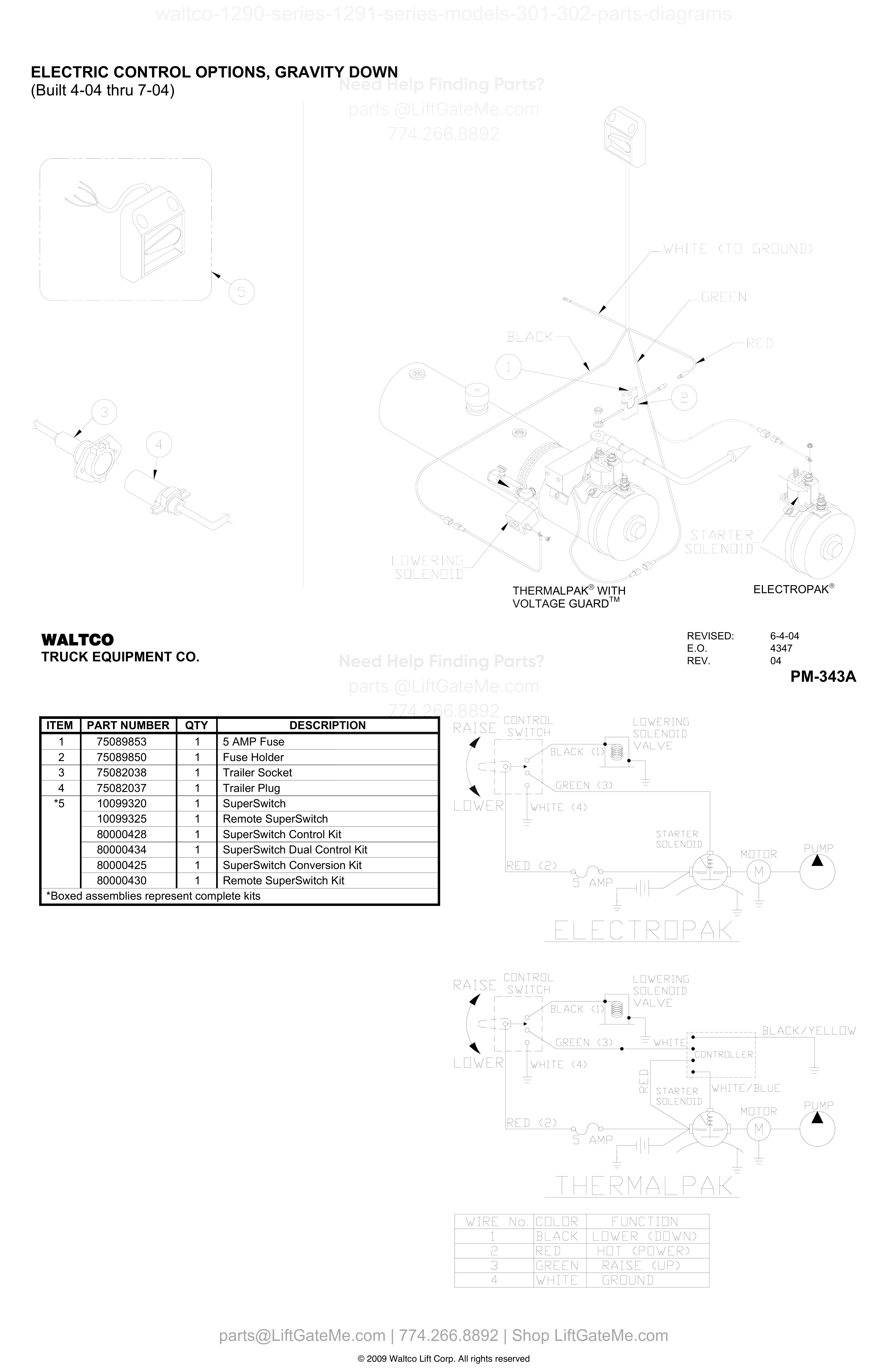 ELECTRIC CONTROL OPTIONS, GRAVITY DOWN (Built 4-04 thru 7-04) diagram