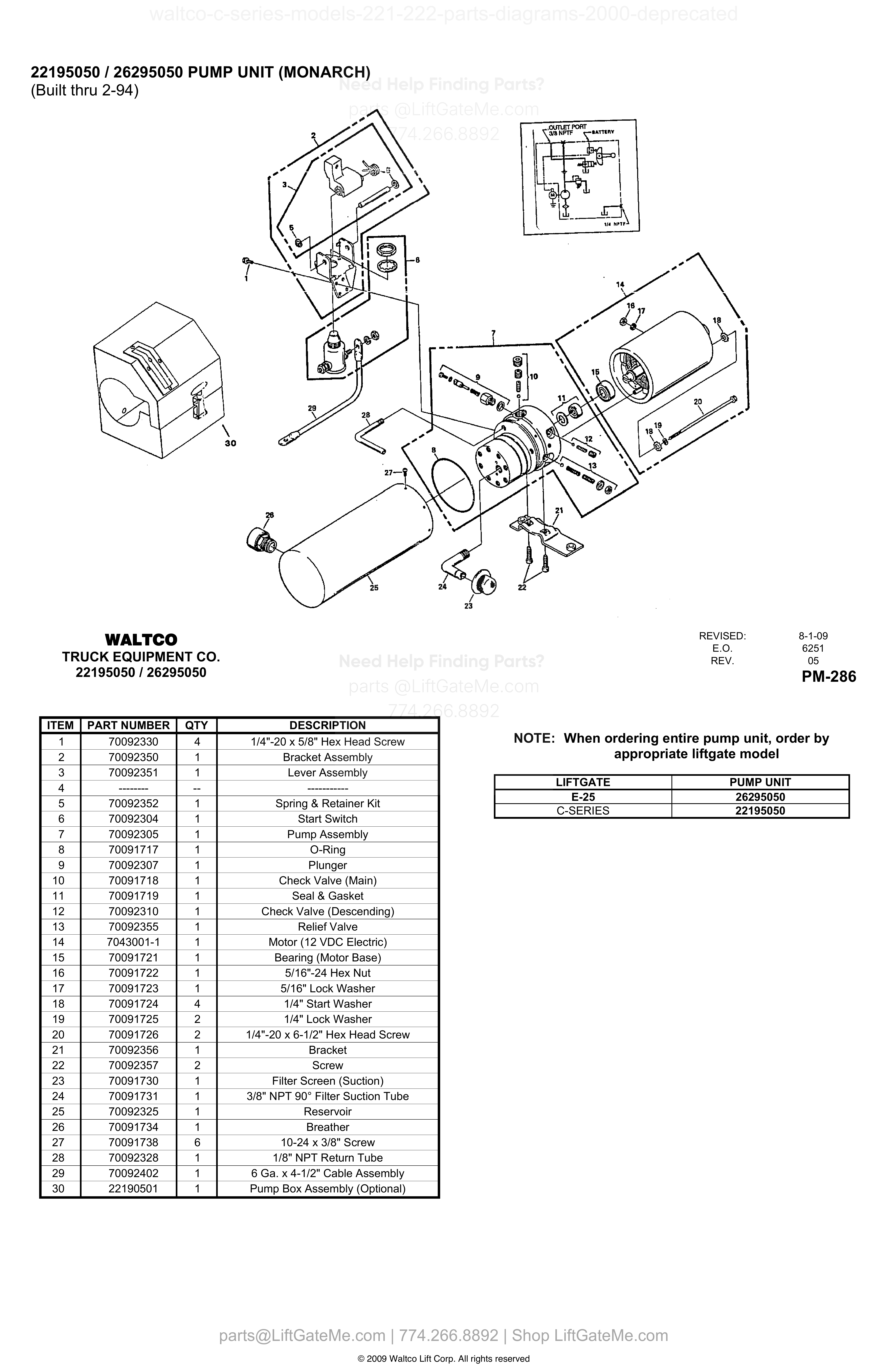 22195050 / 26295050 PUMP UNIT (MONARCH) (Built thru 2-94) diagram