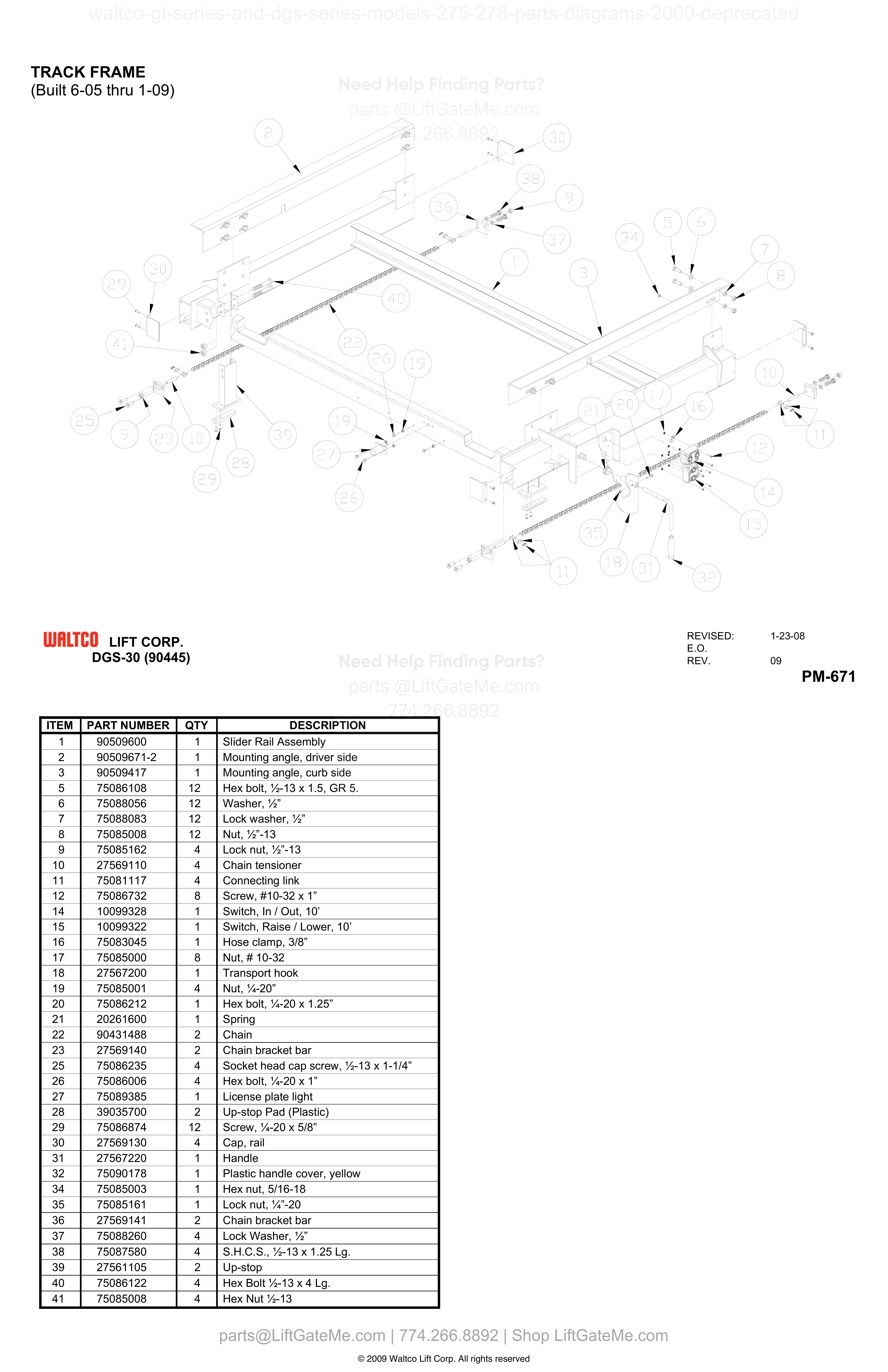 TRACK FRAME (Built 6-05 thru 1-09) diagram