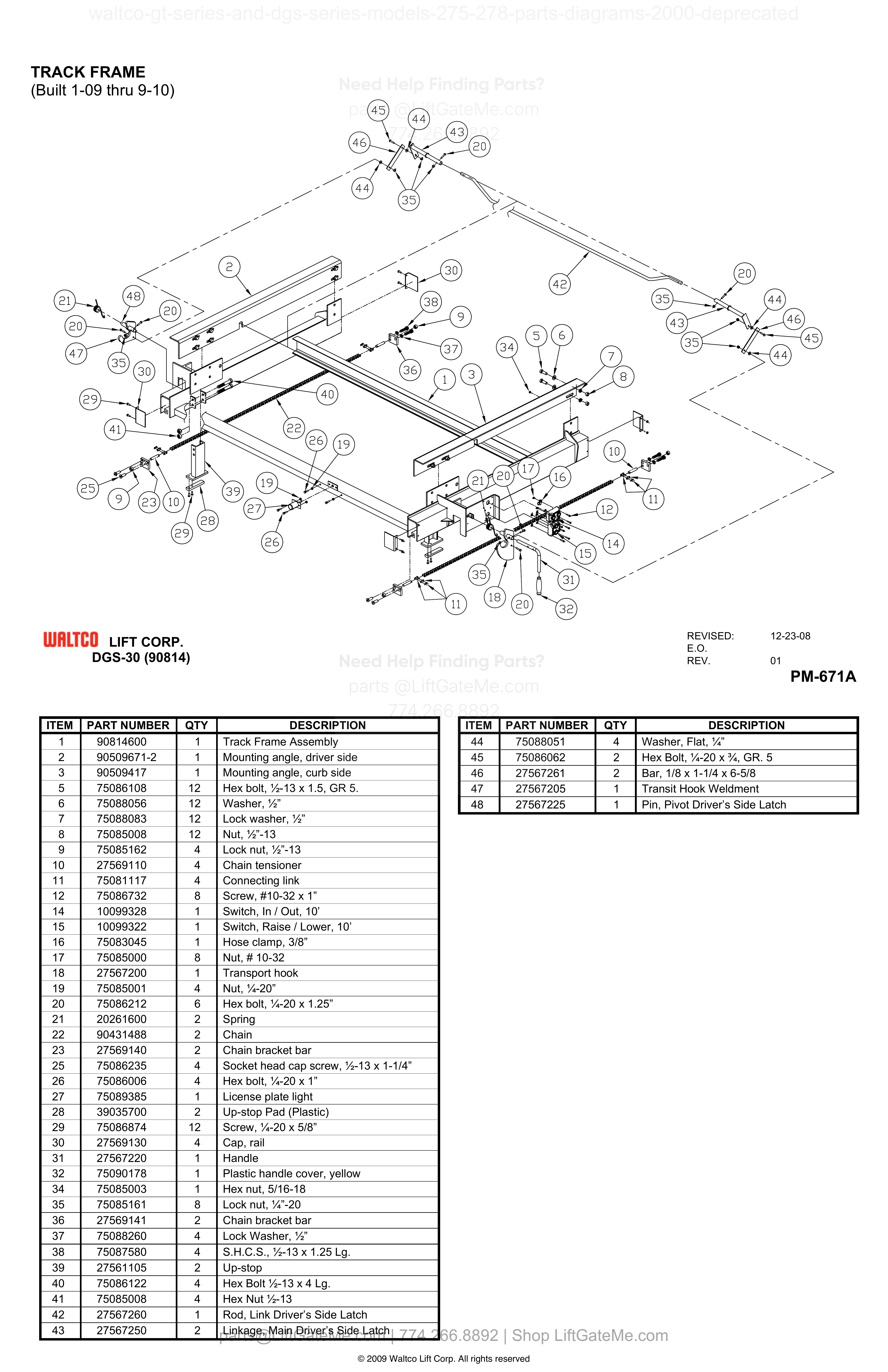 TRACK FRAME (Built 1-09 thru 9-10) diagram