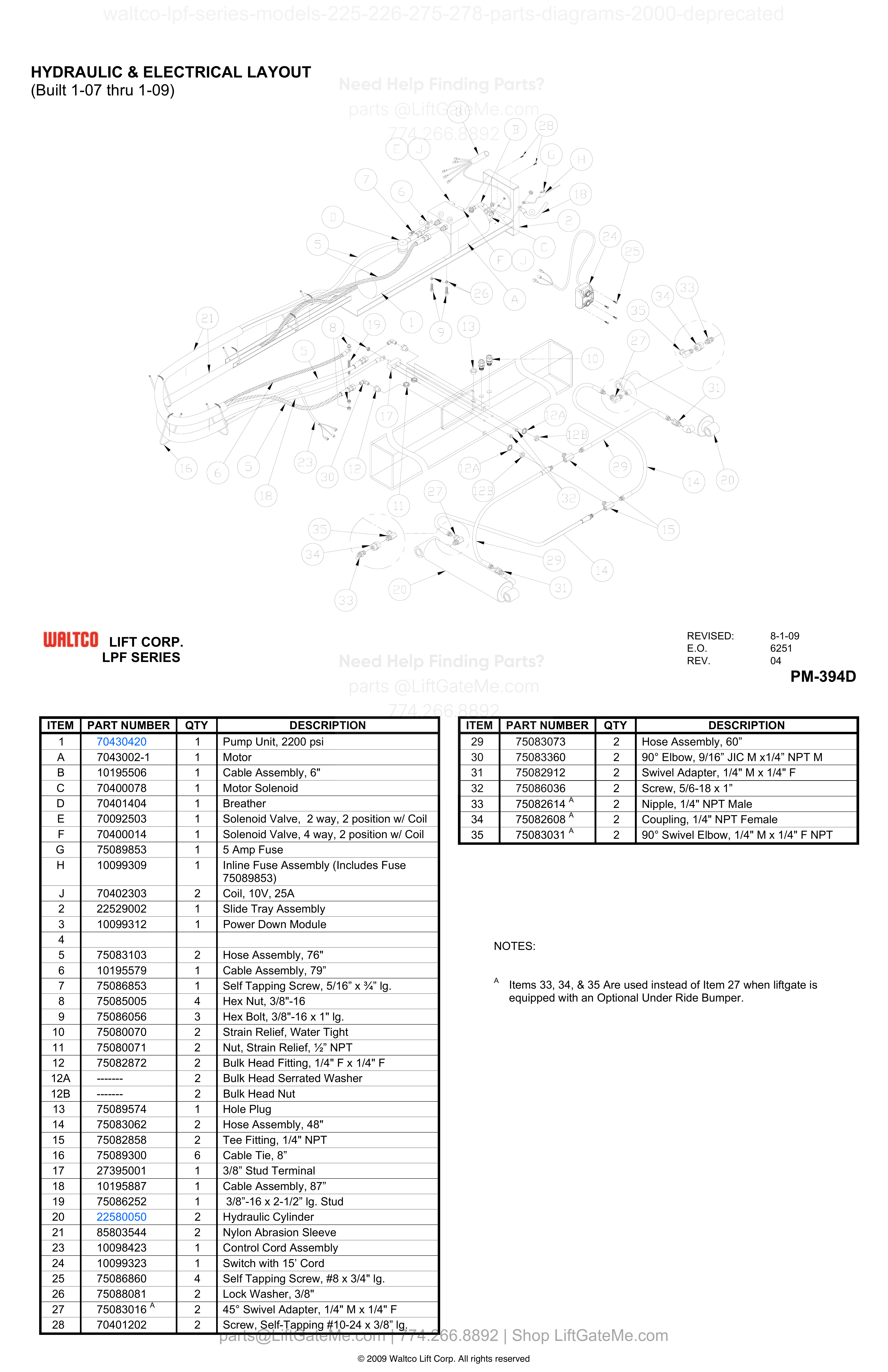 HYDRAULIC & ELECTRICAL LAYOUT (Built 1-07 thru 1-09) diagram