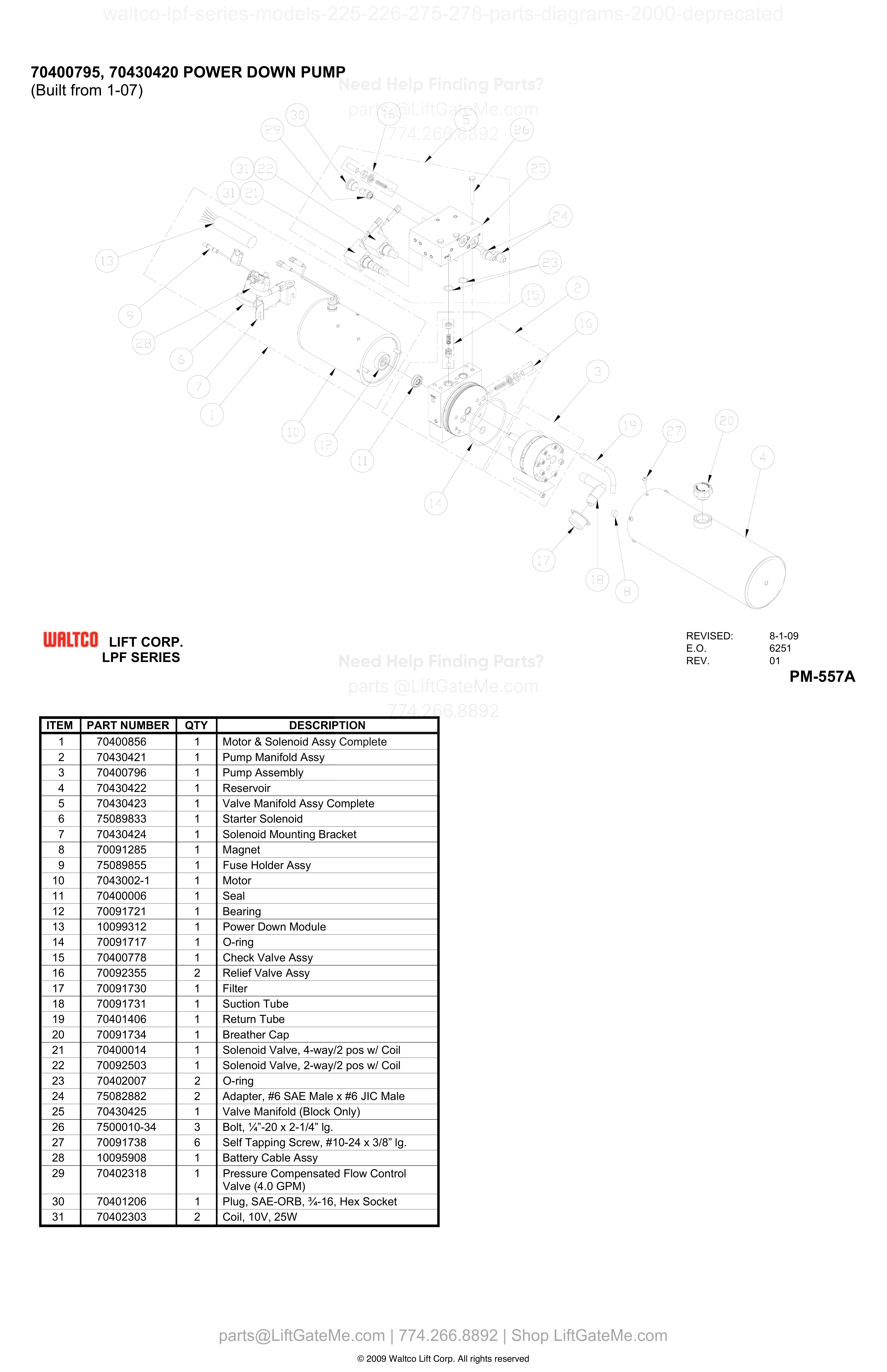 70400795, 70430420 POWER DOWN PUMP (Built from 1-07) diagram