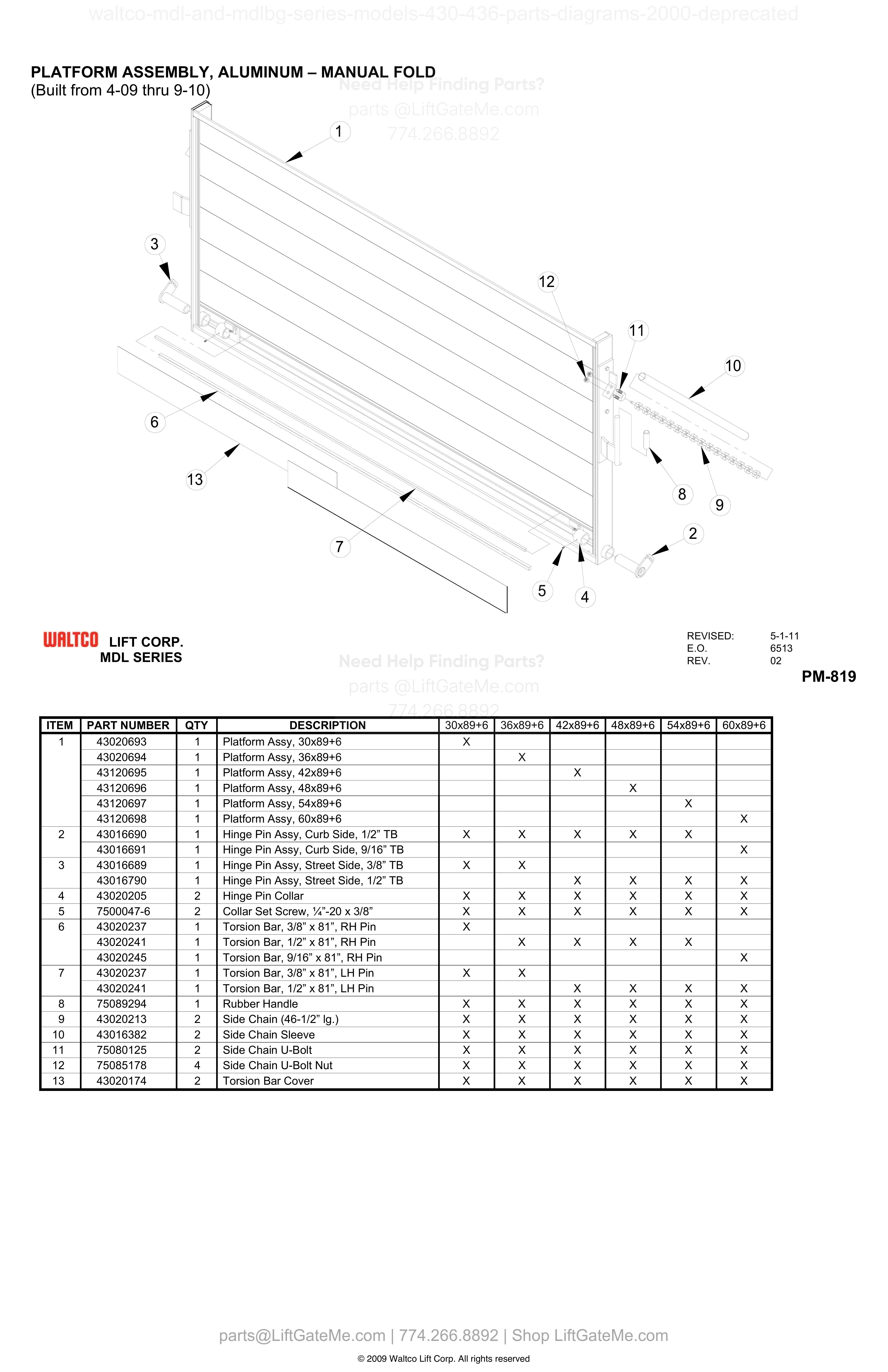 PLATFORM ASSEMBLY, ALUMINUM – MANUAL FOLD (Built from 4-09 thru 9-10) diagram
