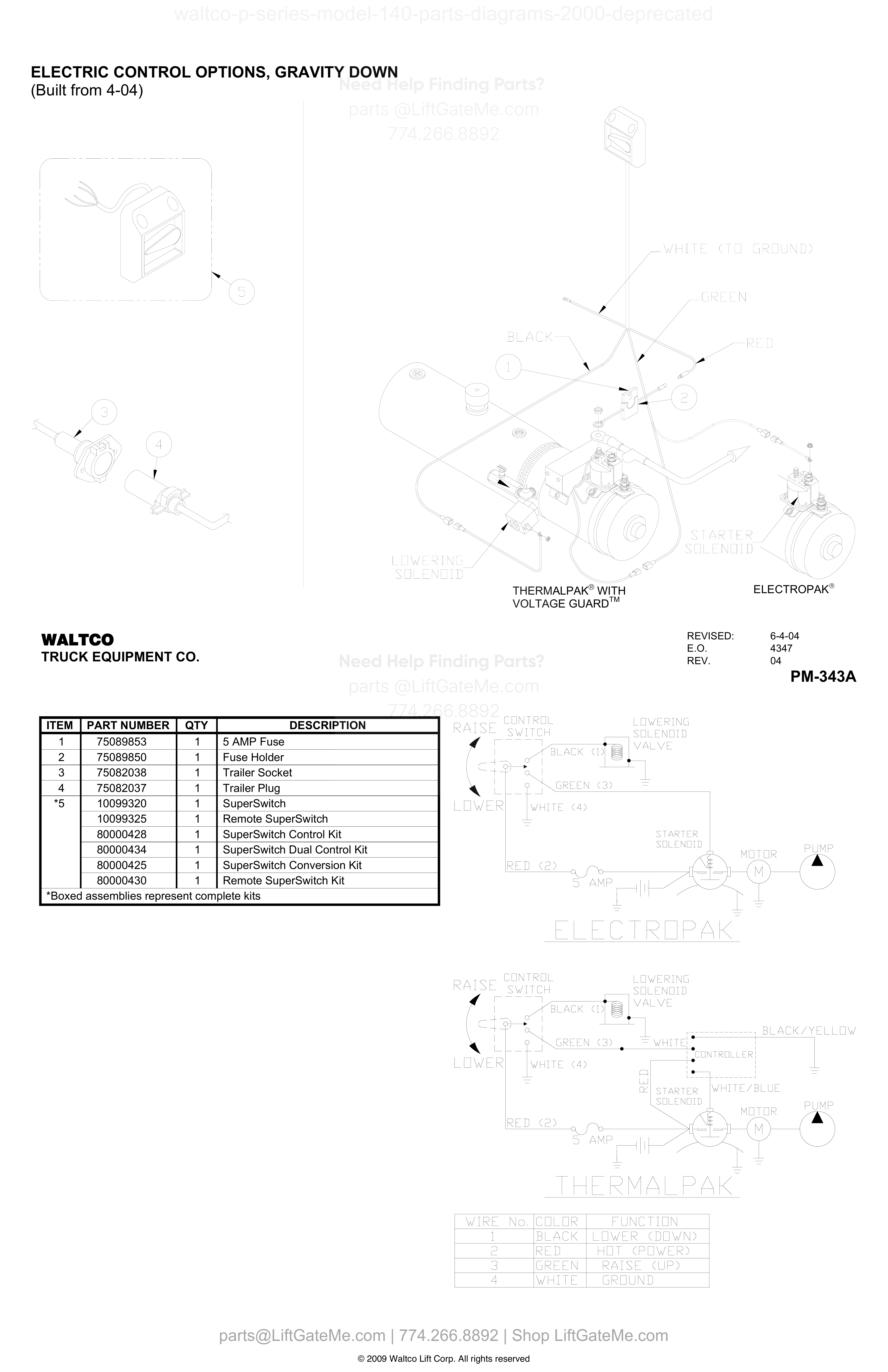ELECTRIC CONTROL OPTIONS, GRAVITY DOWN (Built from 4-04) diagram