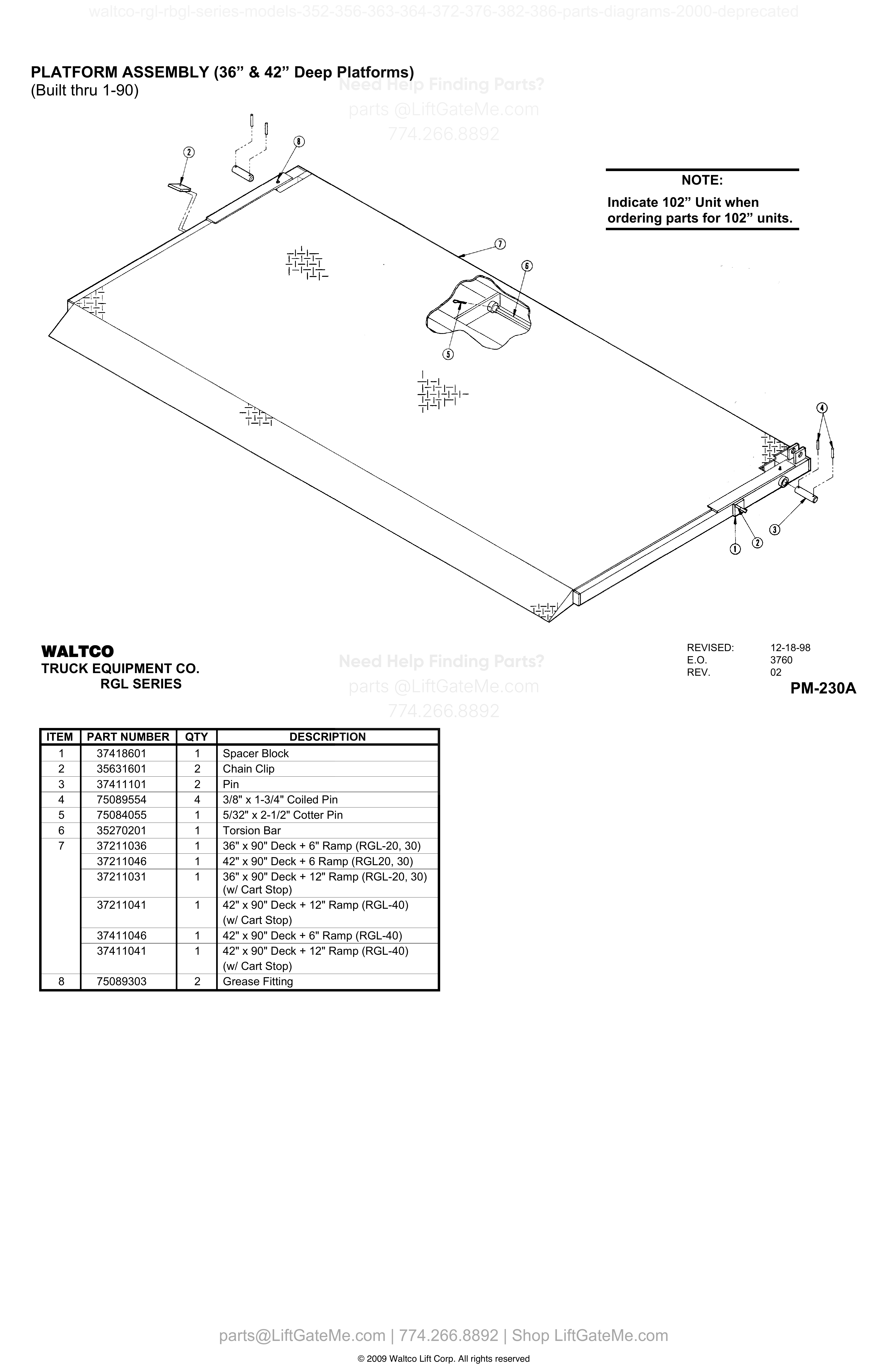 PLATFORM ASSEMBLY (36” & 42” Deep Platforms) (Built thru 1-90) diagram
