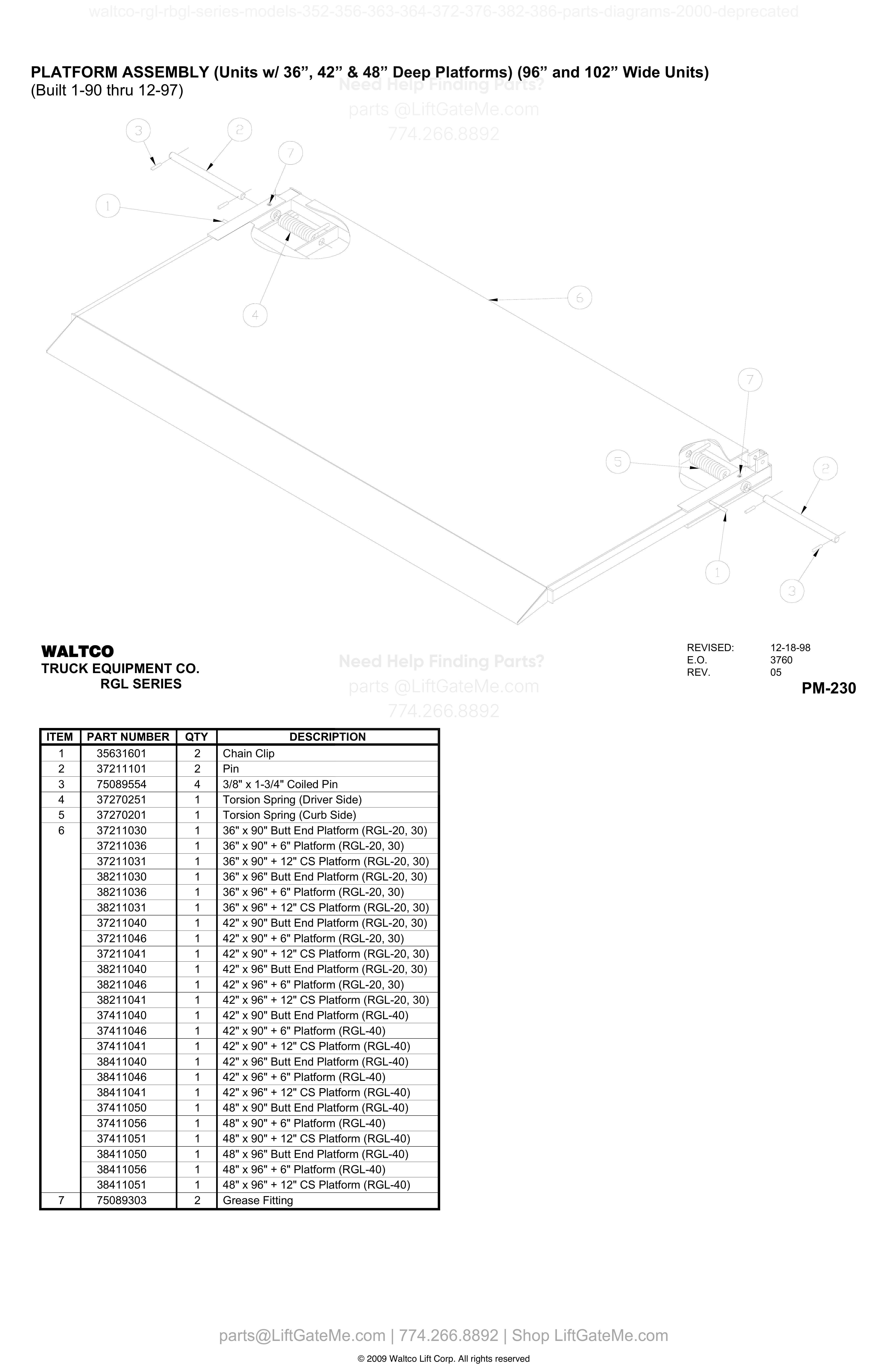 PLATFORM ASSEMBLY (Units w/ 36”, 42” & 48” Deep Platforms) (96” and 102” Wide Units) (Built 1-90 thru 12-97) diagram