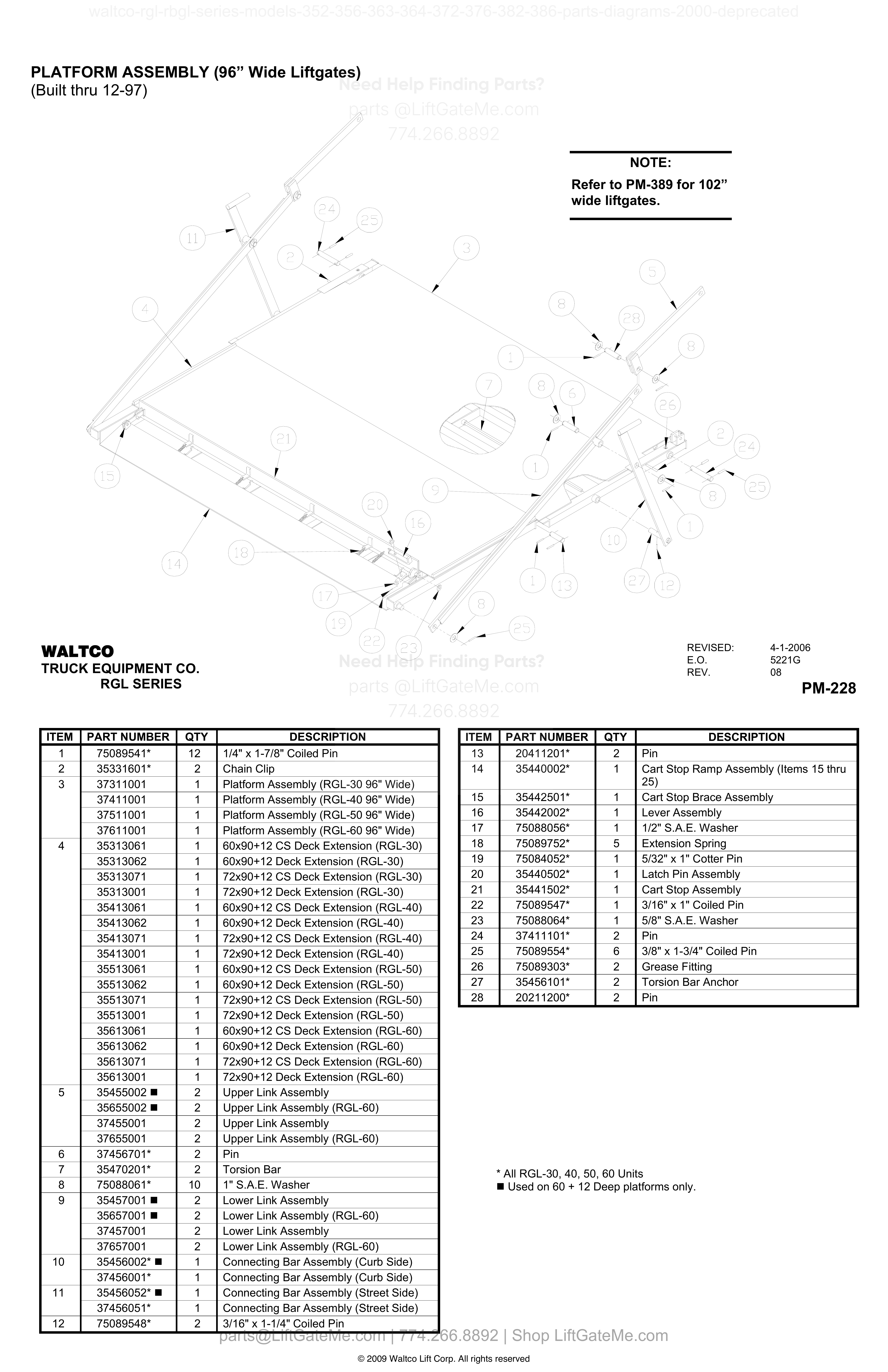PLATFORM ASSEMBLY (96” Wide Liftgates) (Built thru 12-97) diagram