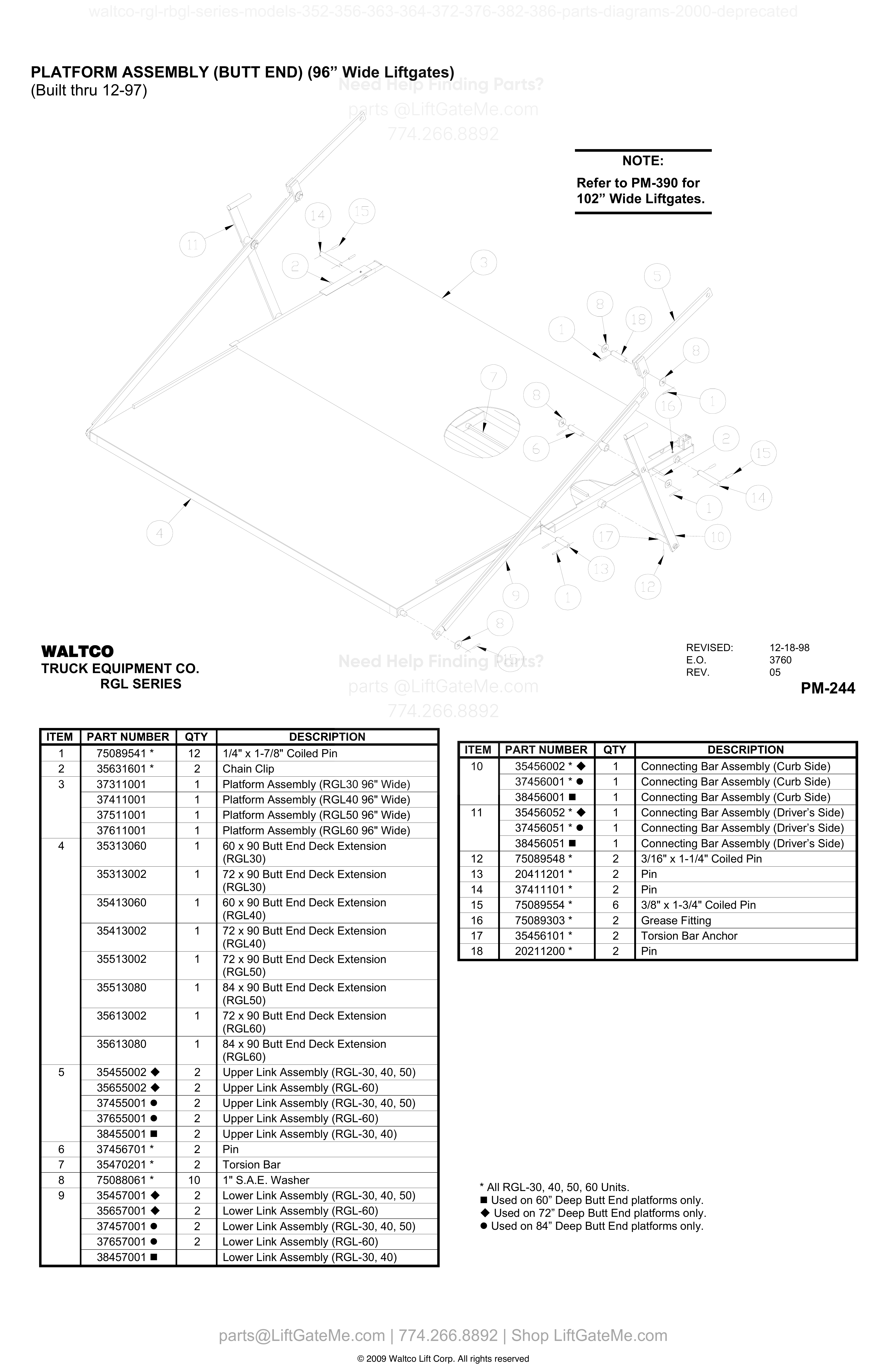 PLATFORM ASSEMBLY (BUTT END) (96” Wide Liftgates) (Built thru 12-97) diagram
