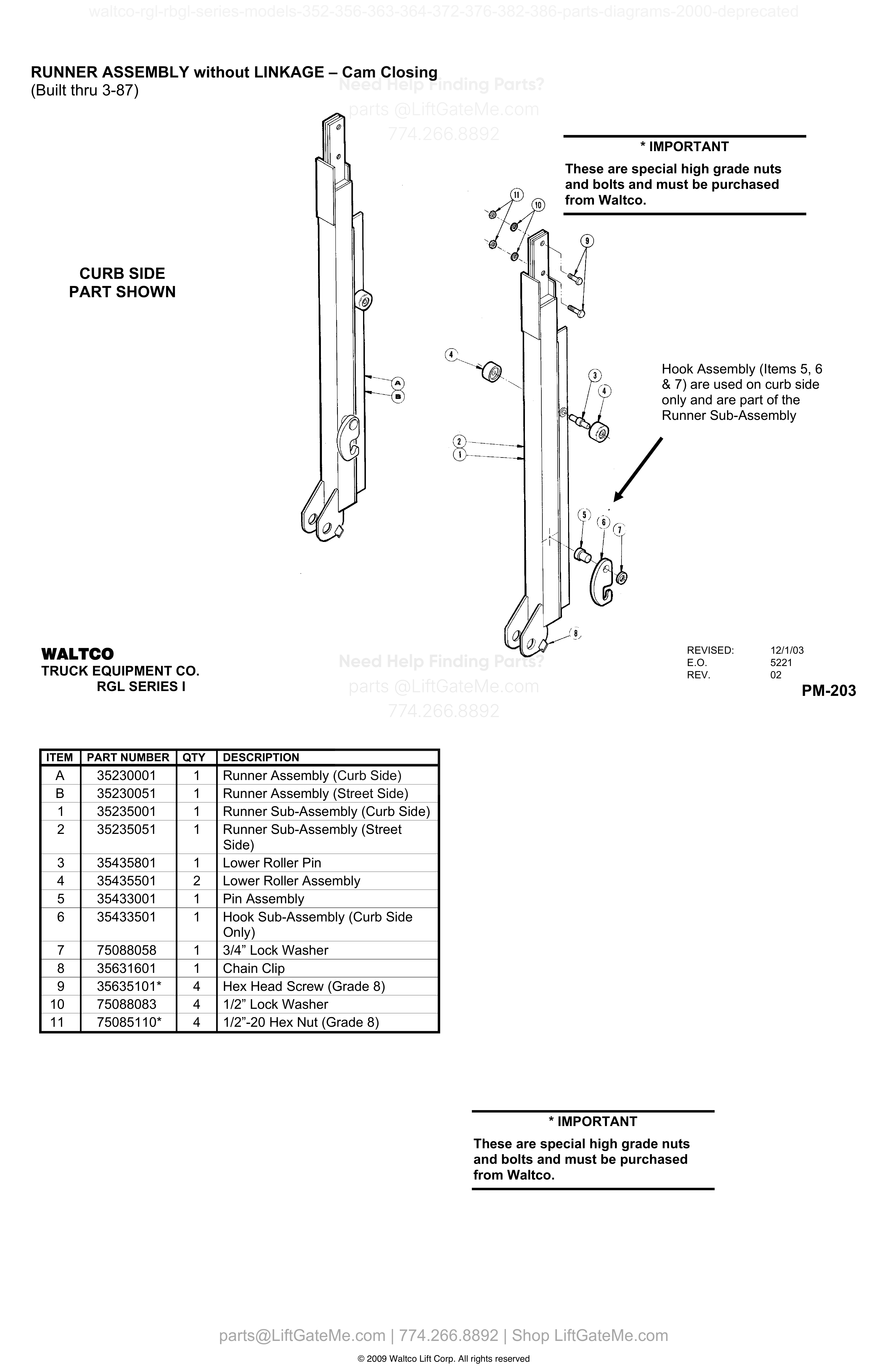 RUNNER ASSEMBLY without LINKAGE – Cam Closing (Built thru 3-87) diagram